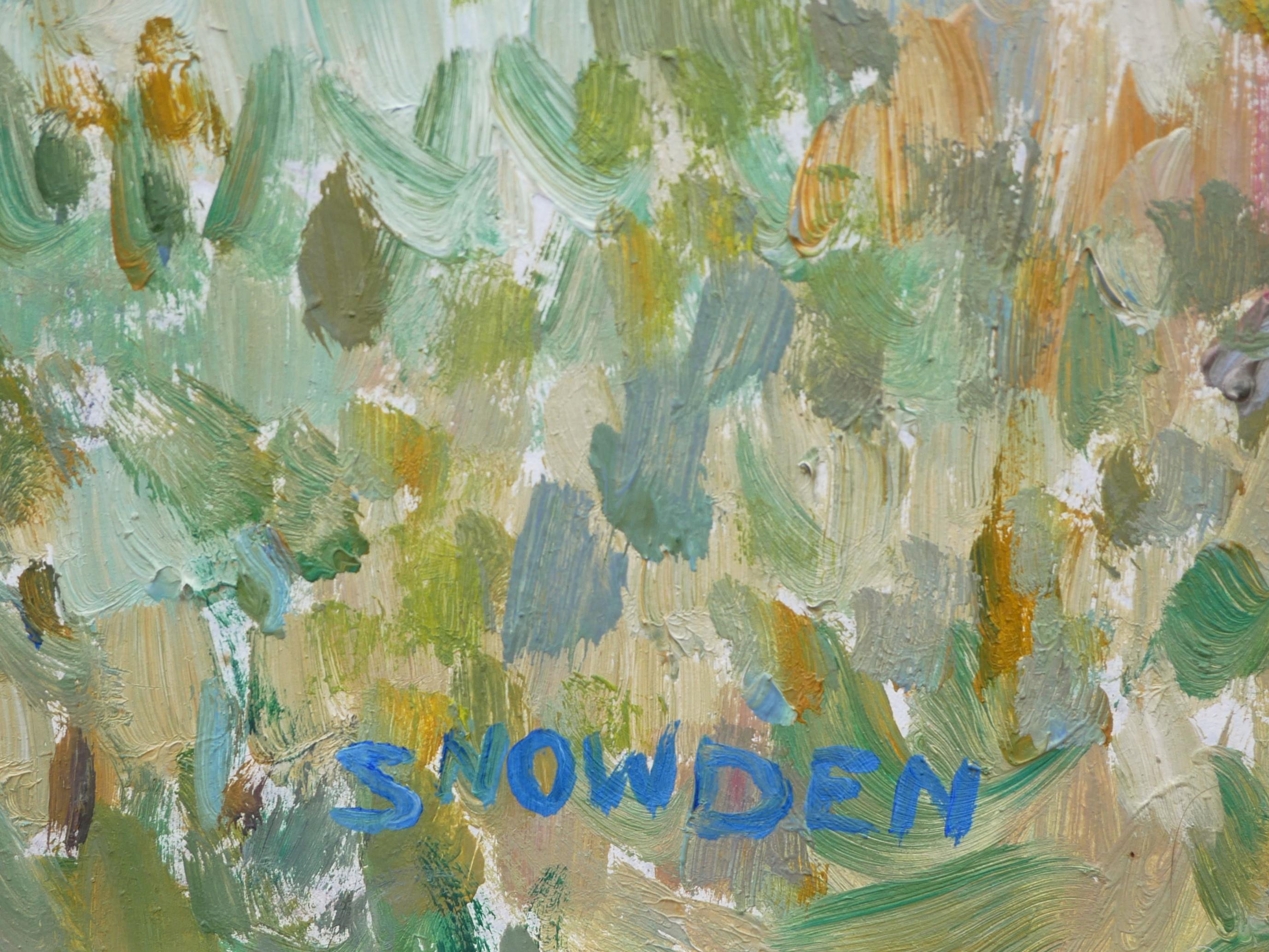 Pintura de inspiración pastoral impresionista / postimpresionista del artista tejano Pecho Snowden. La obra muestra a una mujer con un vestido verde de pie en un campo junto a un gran árbol con casas al fondo. Firmado en la esquina inferior derecha