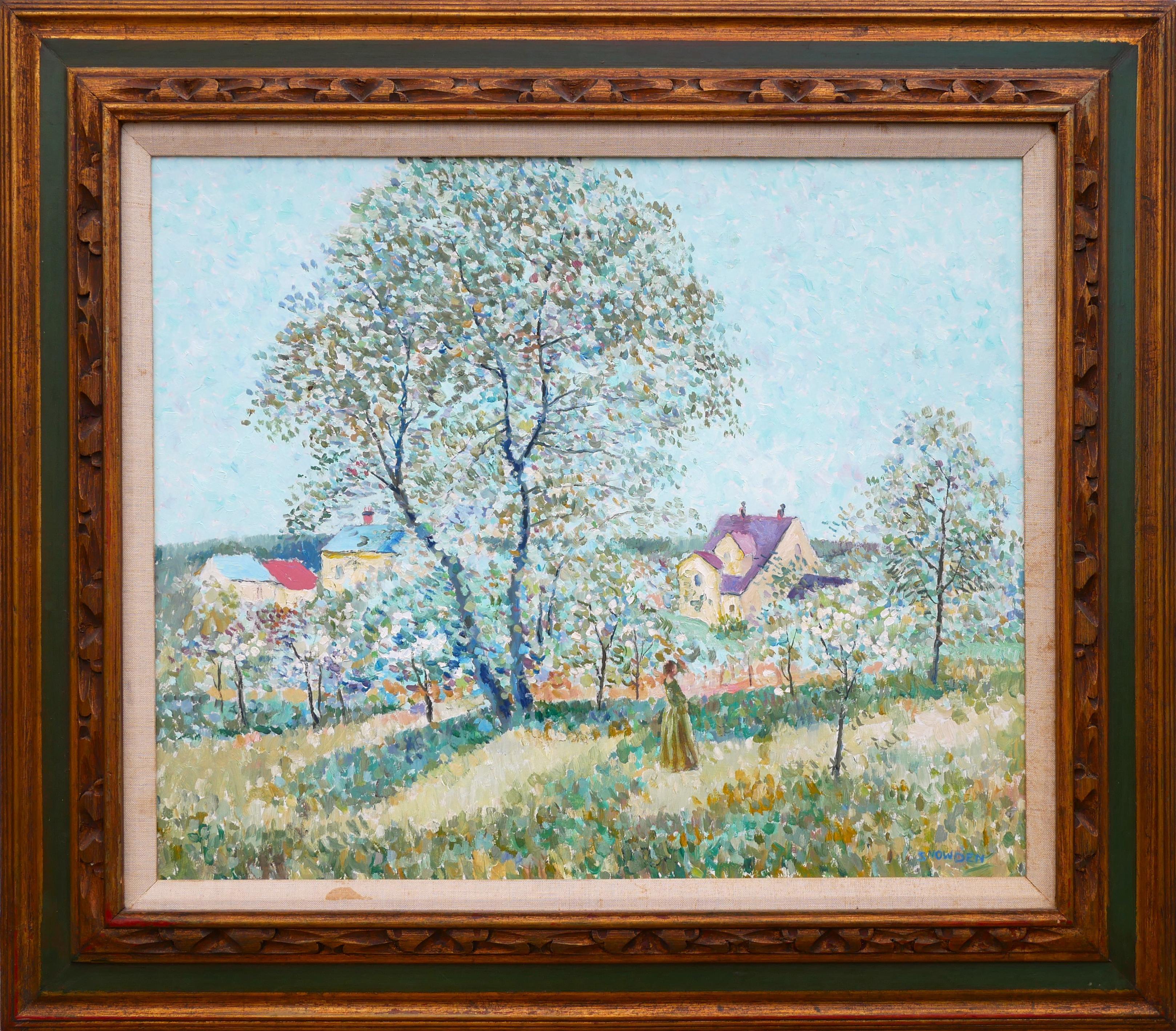 Landscape Painting de Chester Dixon Snowden - Paisaje Pastoral de Inspiración Impresionista en Tonos Pastel con Mujer de Verde
