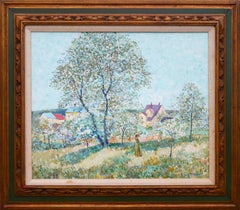 Paisaje Pastoral de Inspiración Impresionista en Tonos Pastel con Mujer de Verde