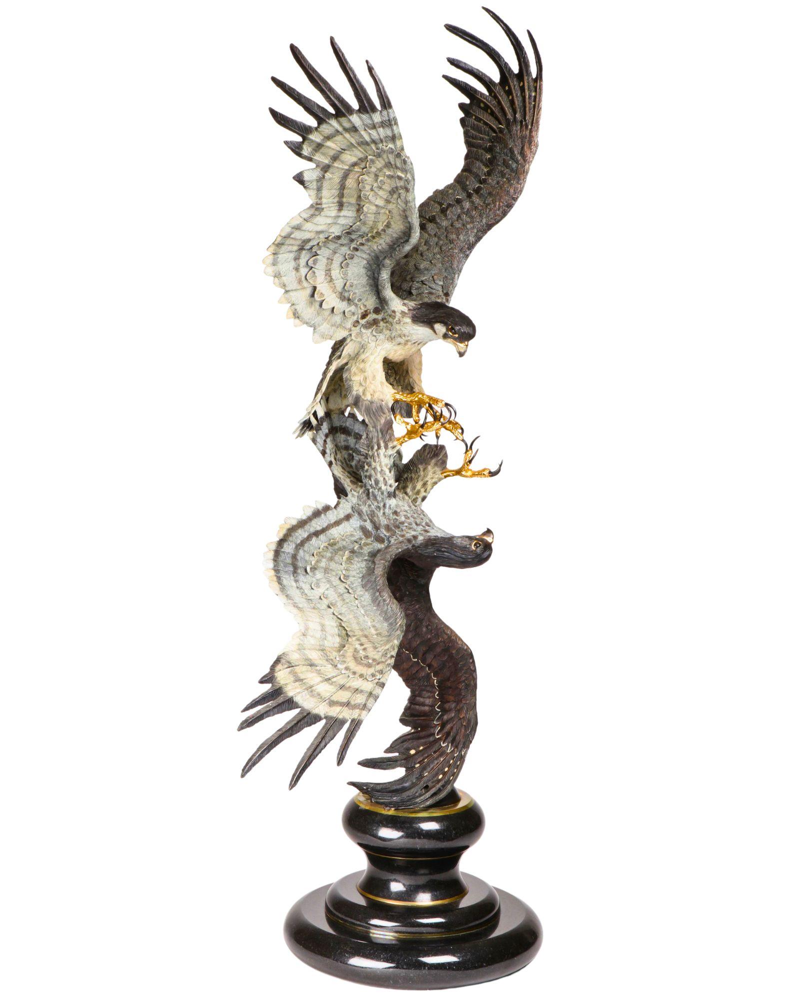 Bronzed Chester Fields 'Falcon Courtship', Full Round Sculpture Signed Art For Sale