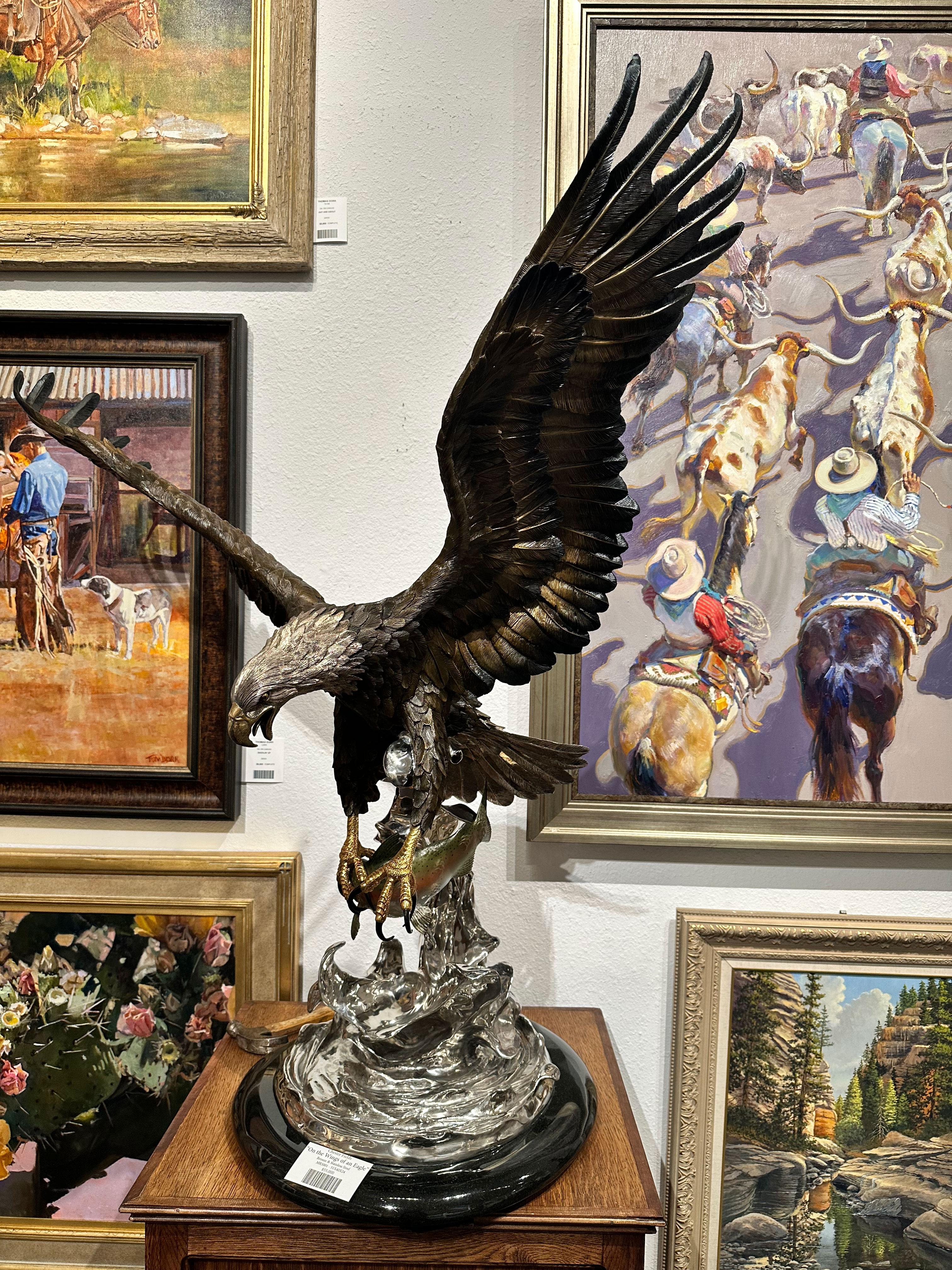 „On the Wings of an Eagle“, Chester Fields, Skulptur aus Bronze und Stahl, 54x40x24 im Angebot 2