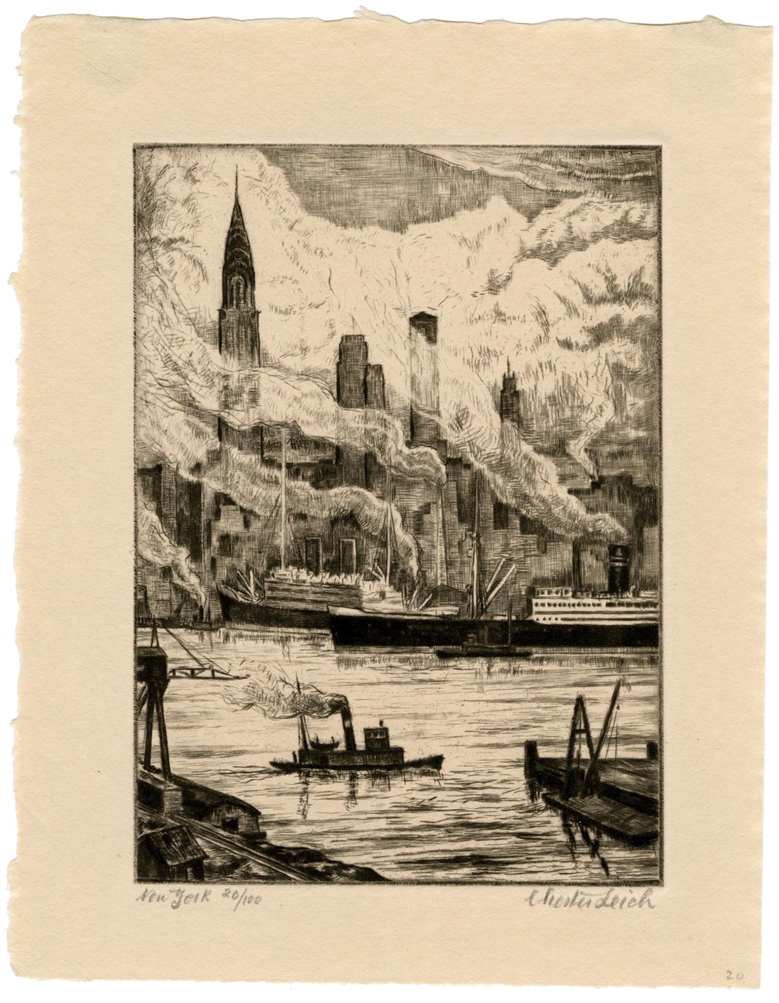 'New York' — 1930s American Scene Etching - Print by Chester Leich