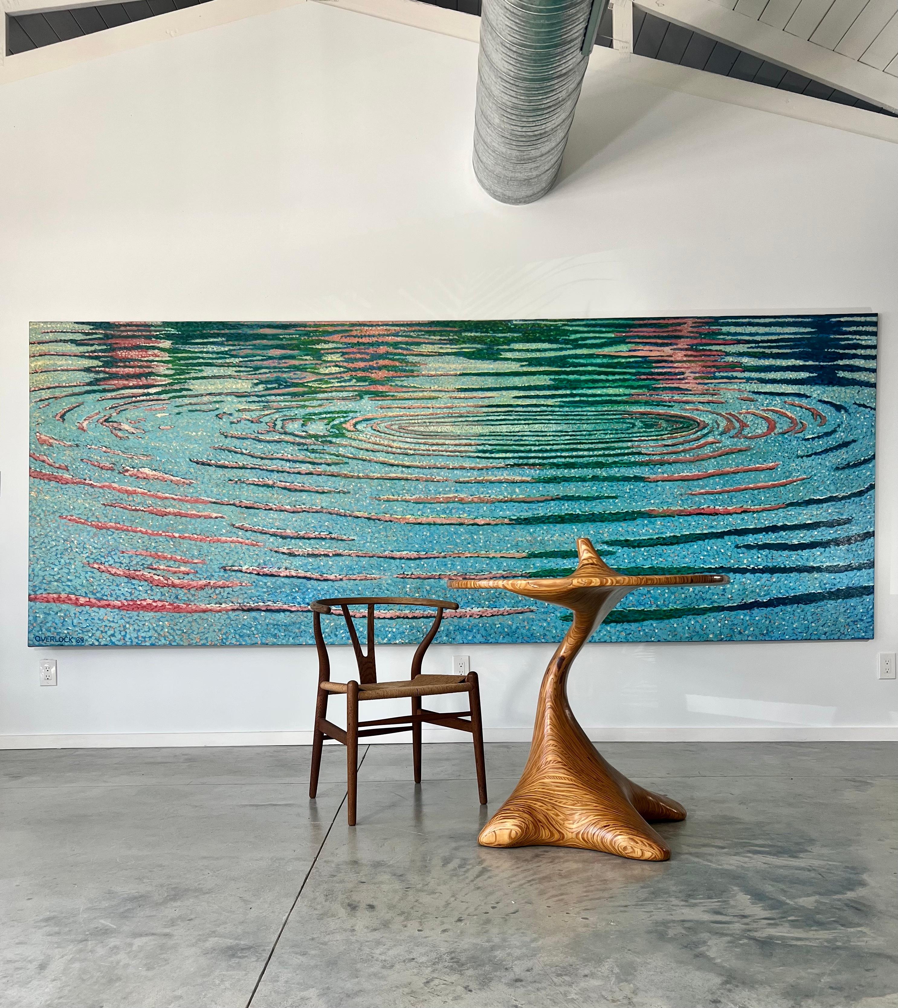 A monumentally sized original pointilism oil on canvas by recognized artist Chester Overlock 1989.  Titled Deep Waters Run Still, Series IV “Saiontz of Being” This painting measures 13’ wide by 5’ tall. Chester Overlock was an artist producing
