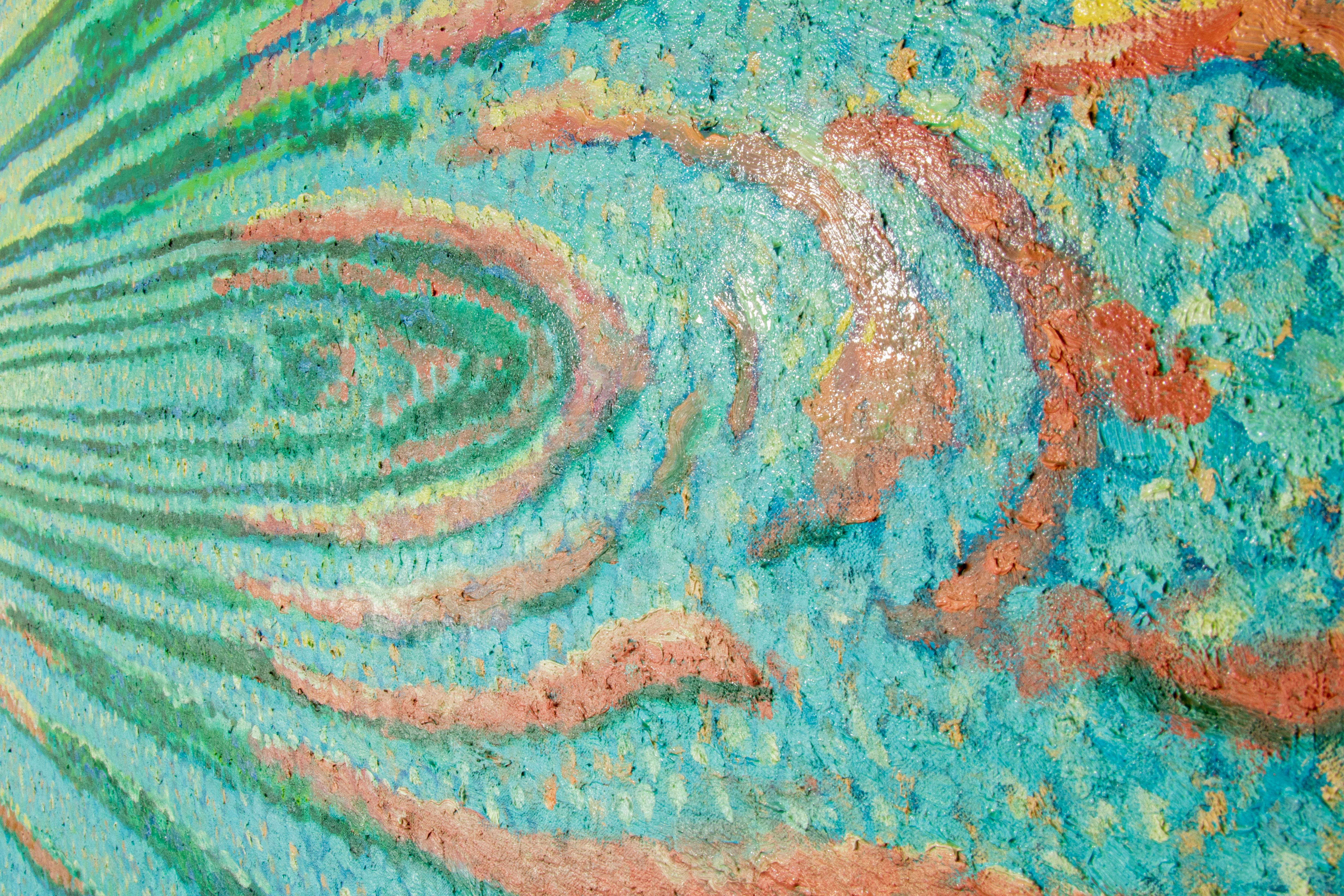 Chester Overlock Wandgemälde 13'x5' Öl auf Leinwand Pointillismus 1989 im Zustand „Gut“ im Angebot in Virginia Beach, VA