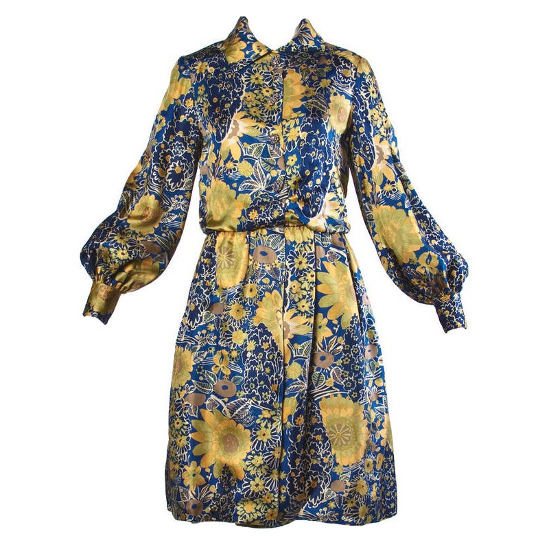 Chester Weinberg Vintage 1960s 60s Silk Floral Print Dress- Rhinestone Buttons For Sale