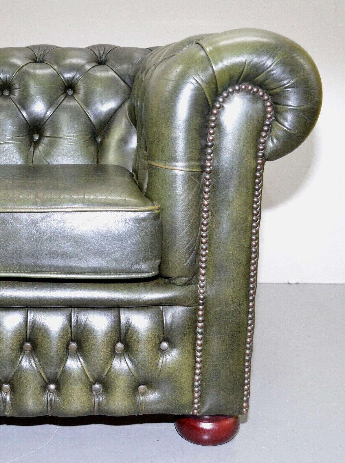CHESTERFIELD 3 SEATER ANTiQUE OLIVE GREEN LEATHER SOFA 1