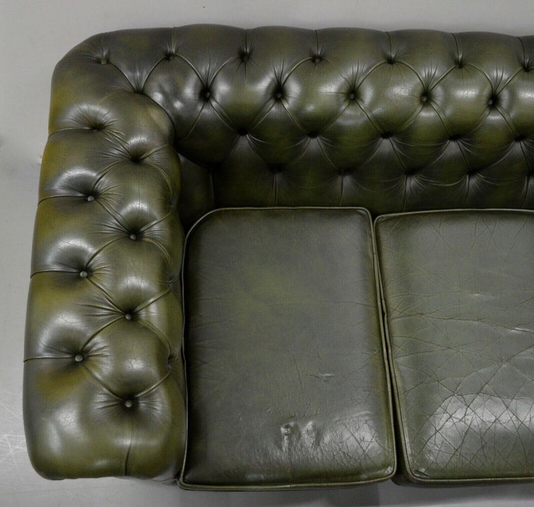 CHESTERFIELD 3 SEATER ANTiQUE OLIVE GREEN LEATHER SOFA at 1stDibs