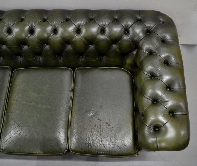 CHESTERFIELD 3 SEATER ANTiQUE OLIVE GREEN LEATHER SOFA at 1stDibs