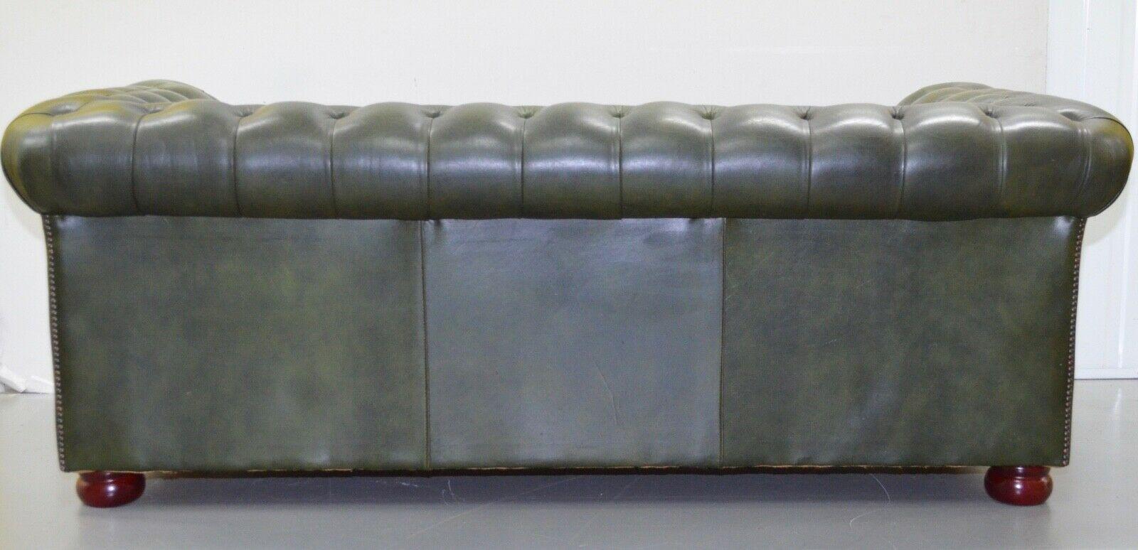 English CHESTERFIELD 3 SEATER ANTiQUE OLIVE GREEN LEATHER SOFA