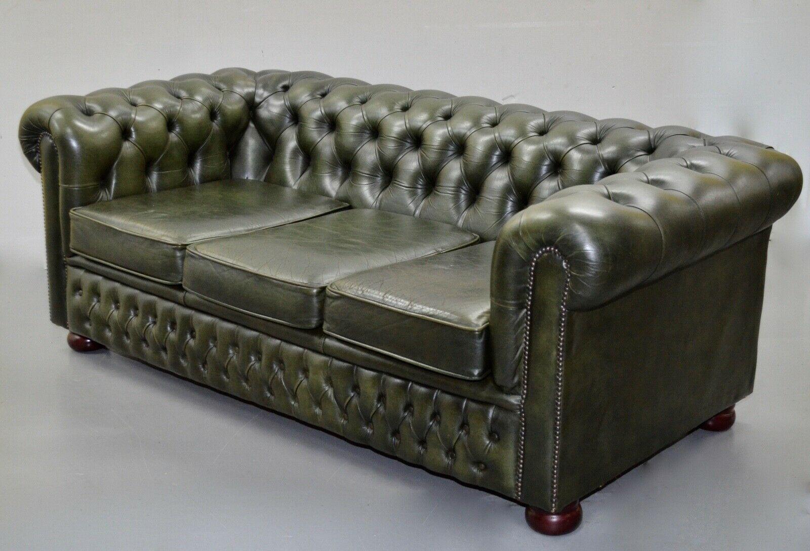 Hand-Crafted CHESTERFIELD 3 SEATER ANTiQUE OLIVE GREEN LEATHER SOFA