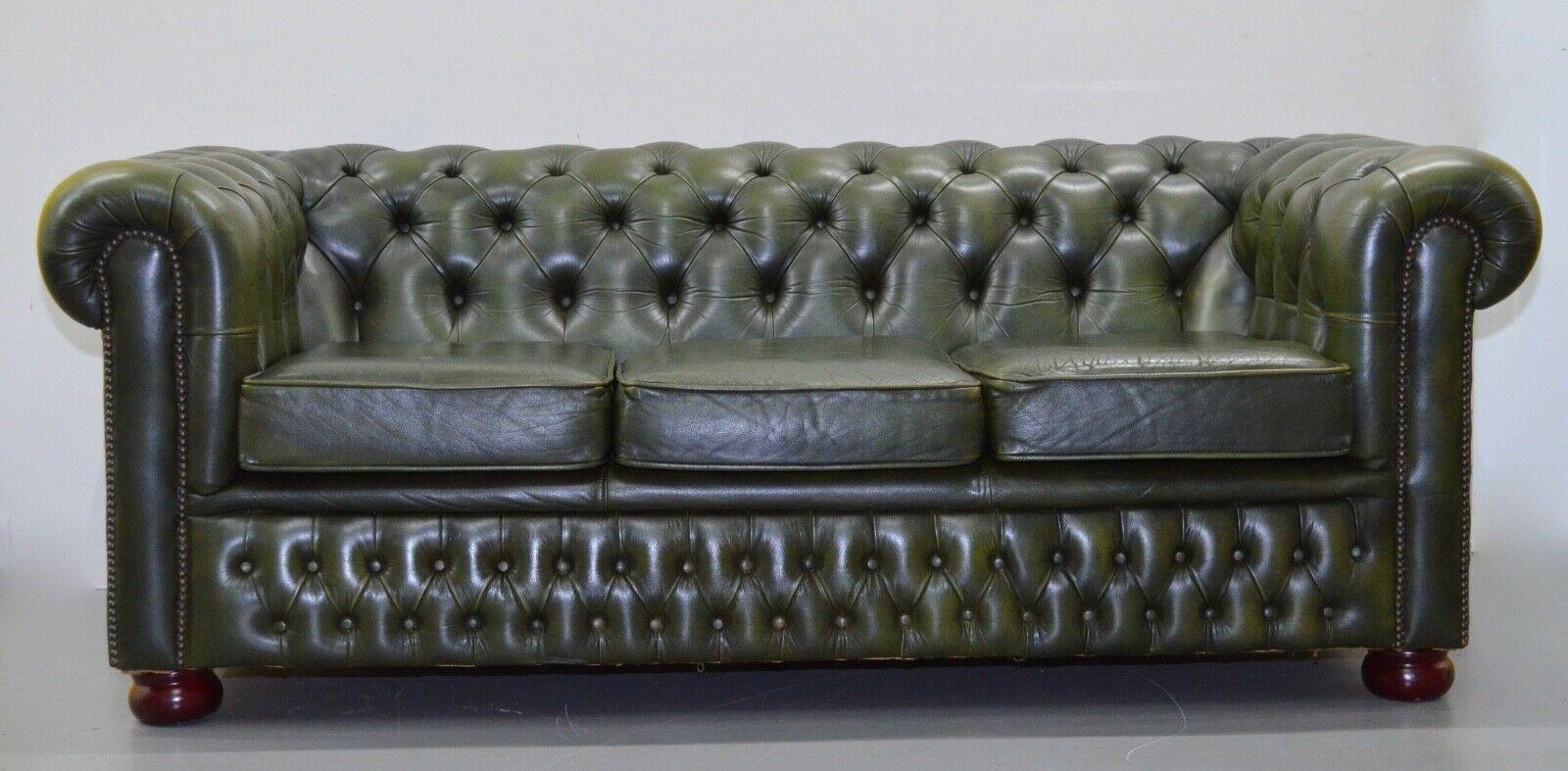 20th Century CHESTERFIELD 3 SEATER ANTiQUE OLIVE GREEN LEATHER SOFA