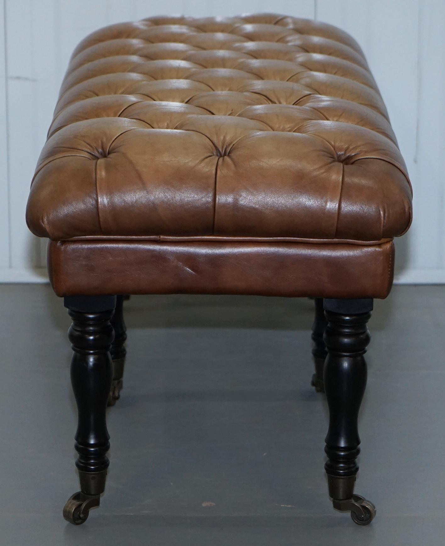 Chesterfield Aged Tan Brown Leather Chesterfield Bench Stool on Wood Turned Legs 5