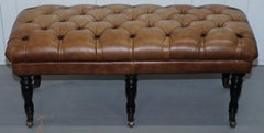 Chesterfield Aged Tan Brown Leather Chesterfield Bench Stool on Wood Turned Legs