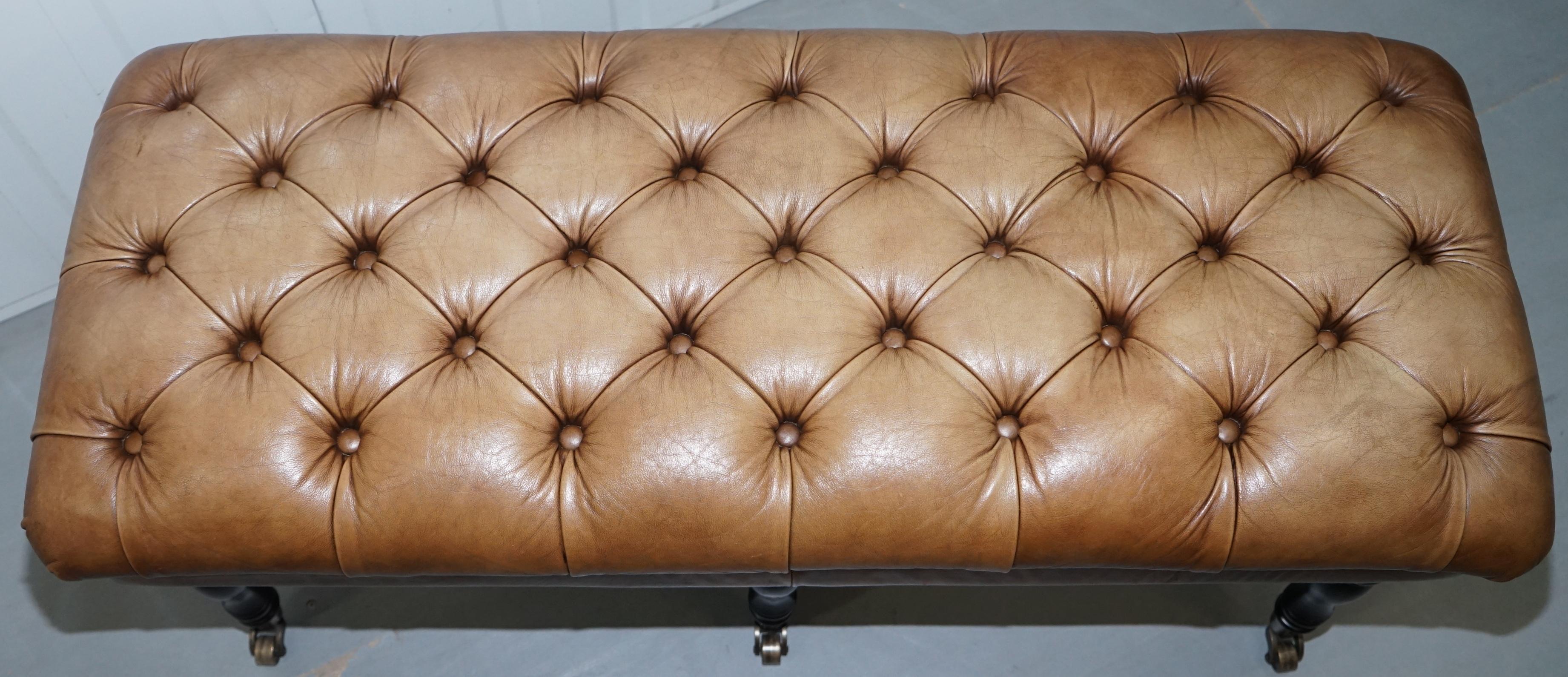 Modern Chesterfield Aged Tan Brown Leather Chesterfield Bench Stool on Wood Turned Legs