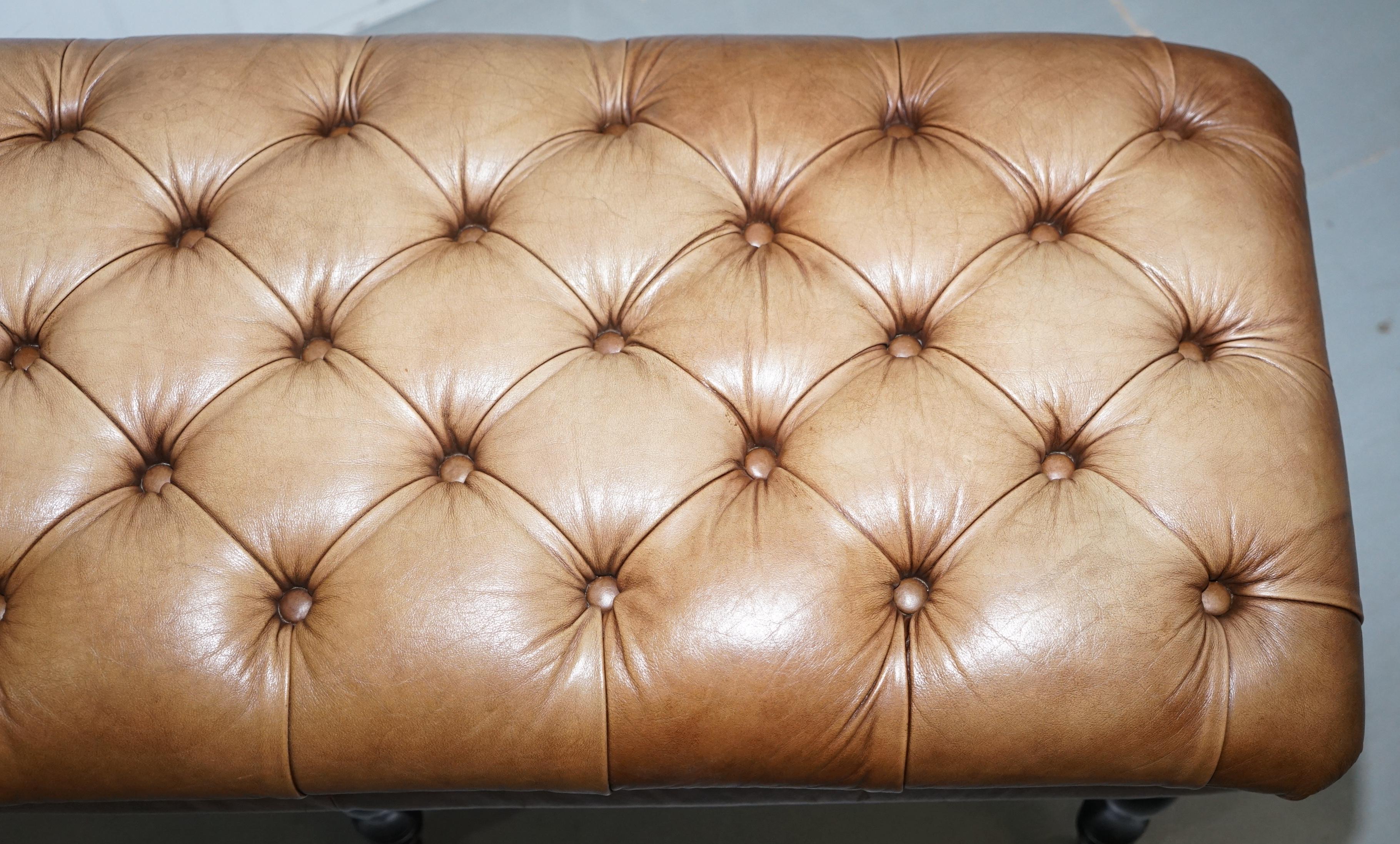 Hand-Crafted Chesterfield Aged Tan Brown Leather Chesterfield Bench Stool on Wood Turned Legs