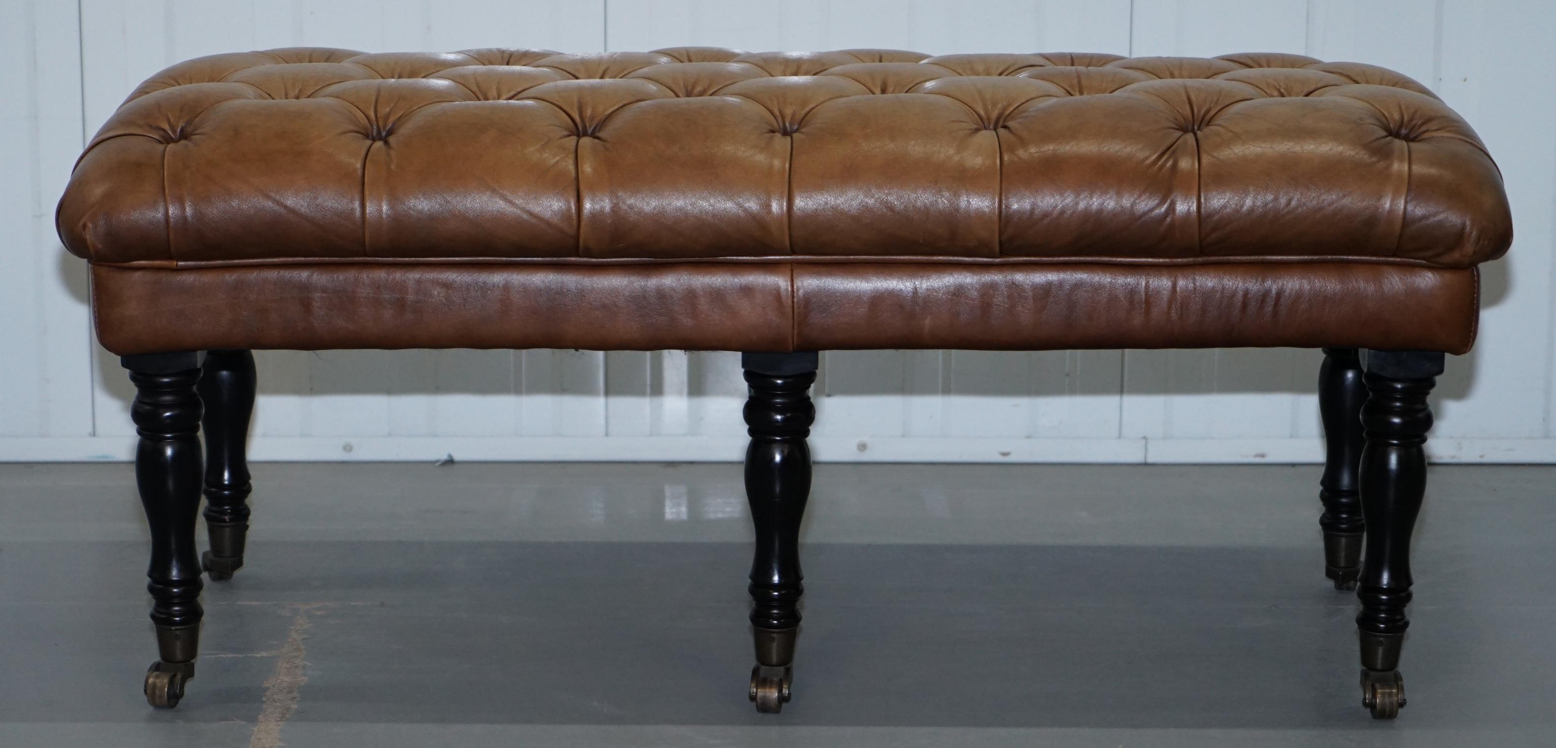 Contemporary Chesterfield Aged Tan Brown Leather Chesterfield Bench Stool on Wood Turned Legs