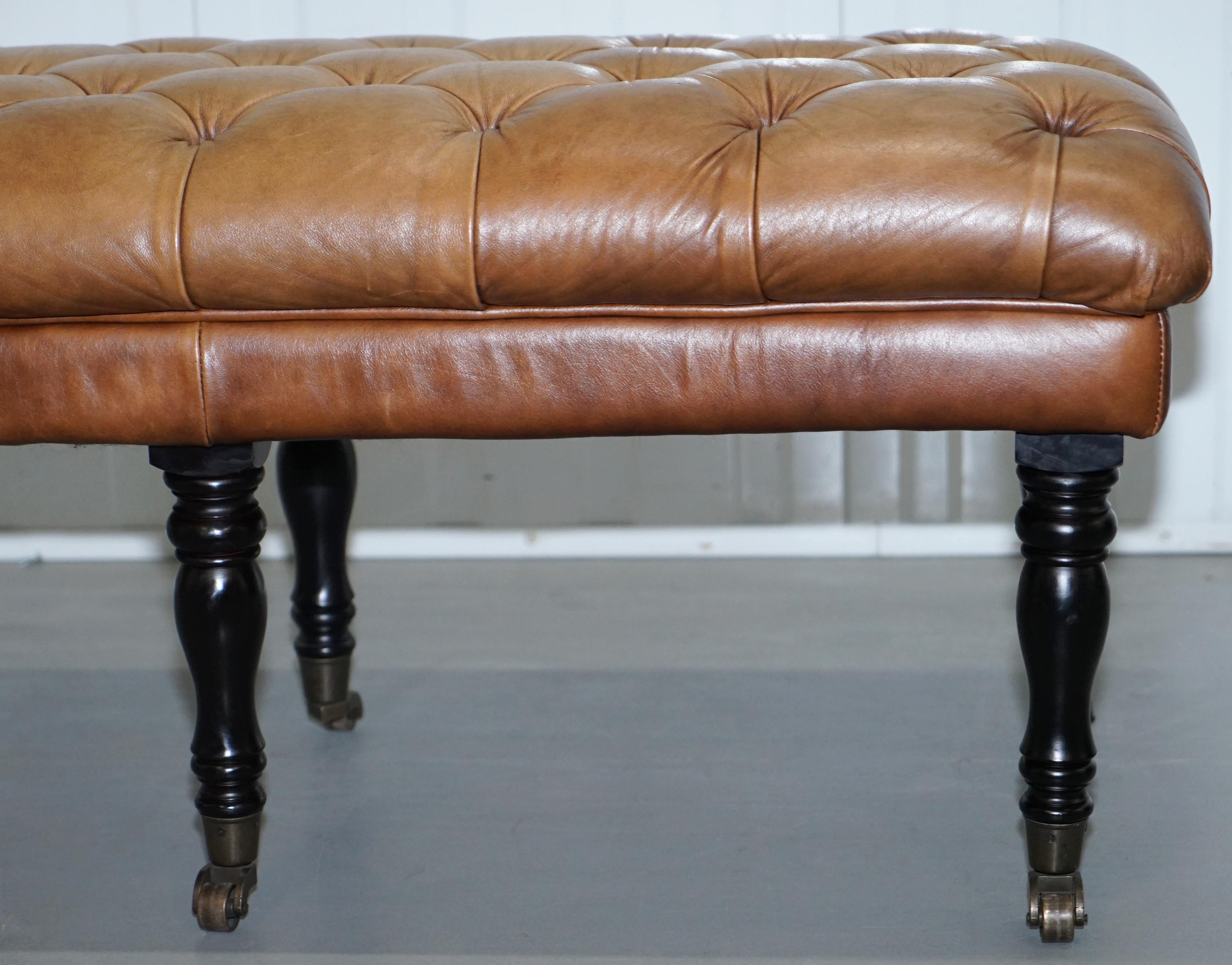 Chesterfield Aged Tan Brown Leather Chesterfield Bench Stool on Wood Turned Legs 1