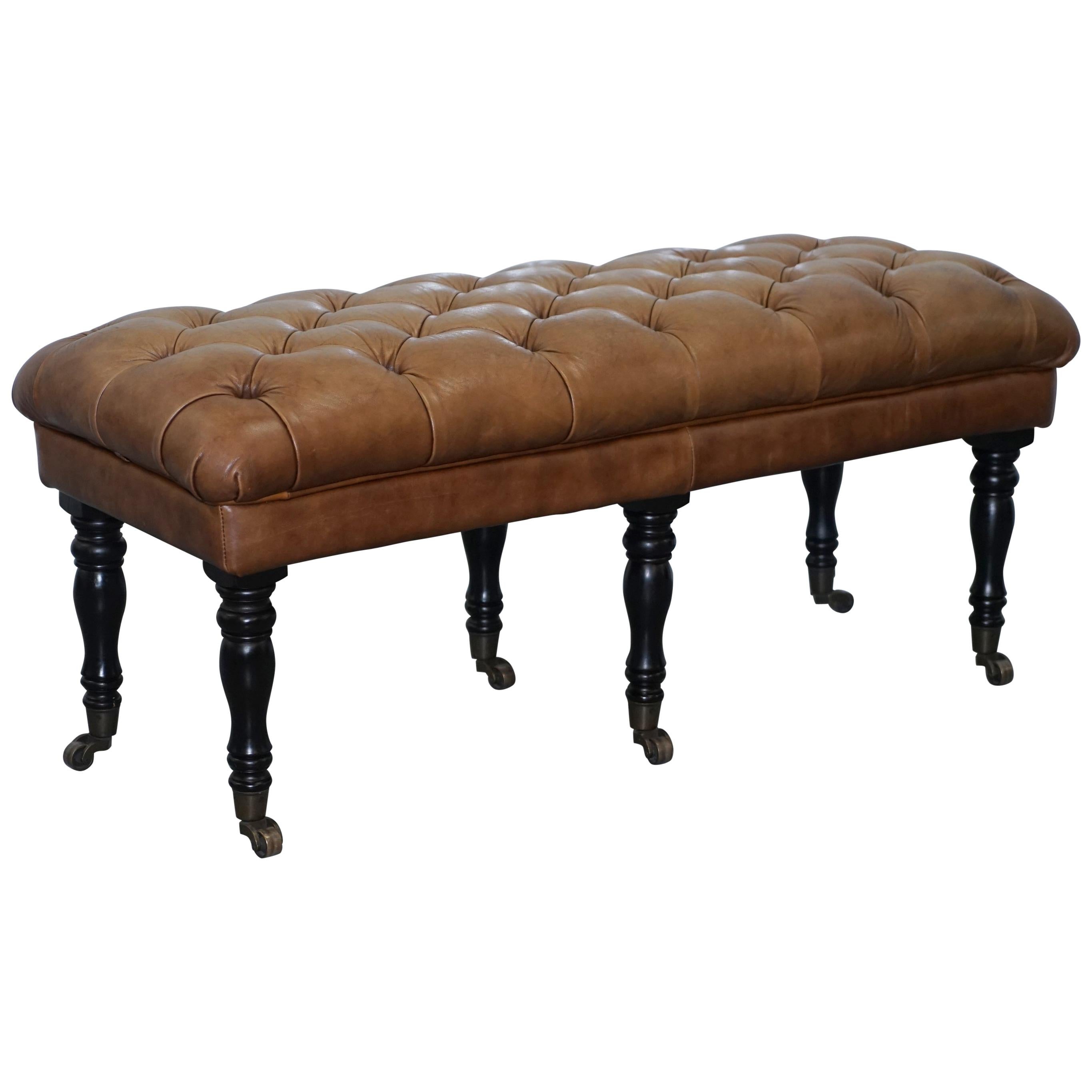 Chesterfield Aged Tan Brown Leather Chesterfield Bench Stool on Wood Turned Legs