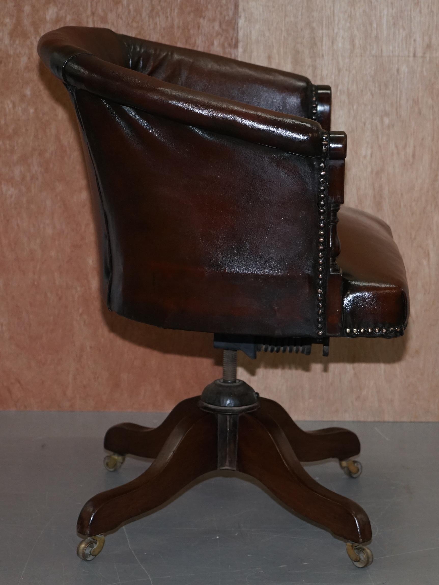 Chesterfield circa 1880 Restored Brown Leather Barrel Back Captains Chair 3