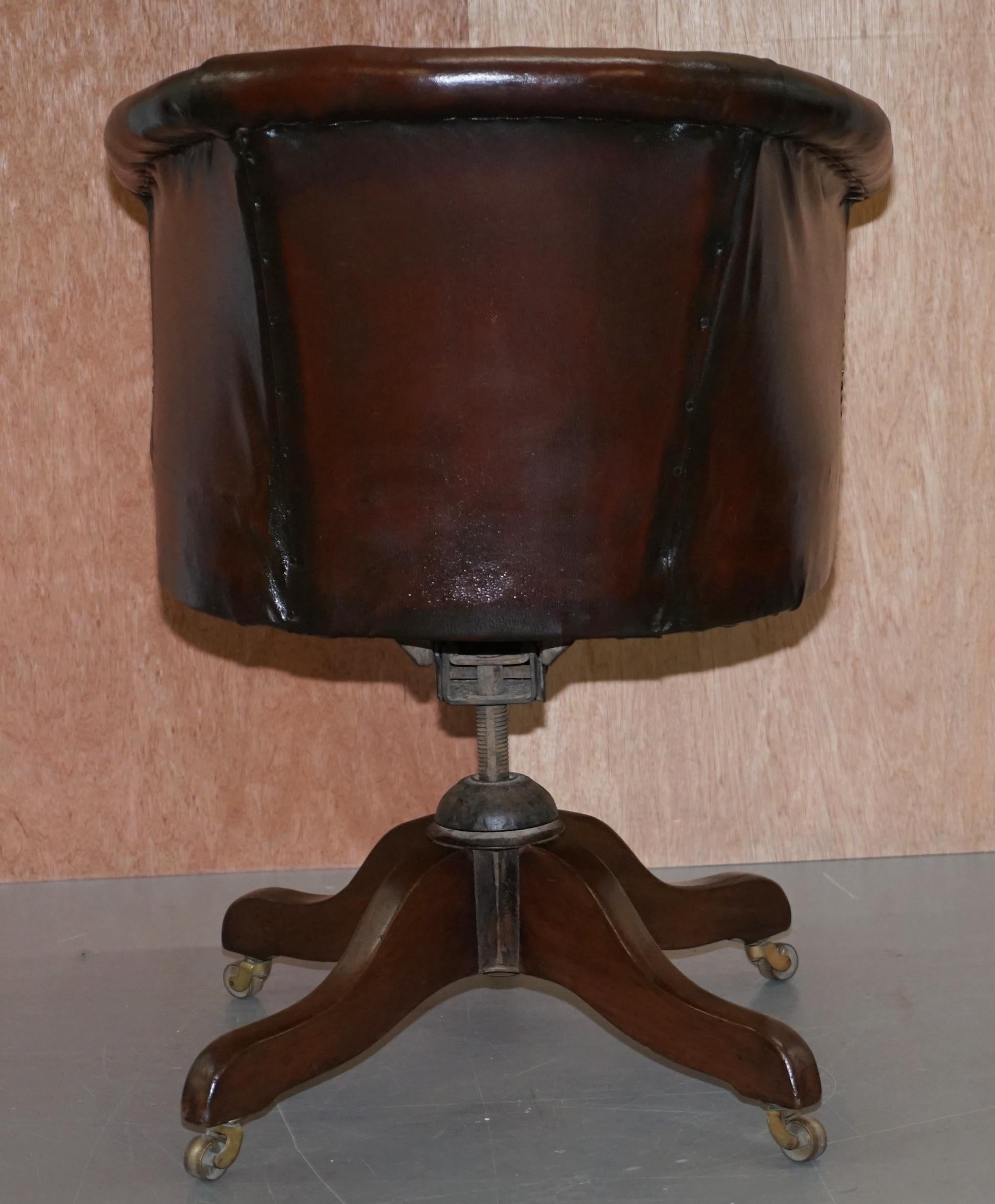 Chesterfield circa 1880 Restored Brown Leather Barrel Back Captains Chair 6