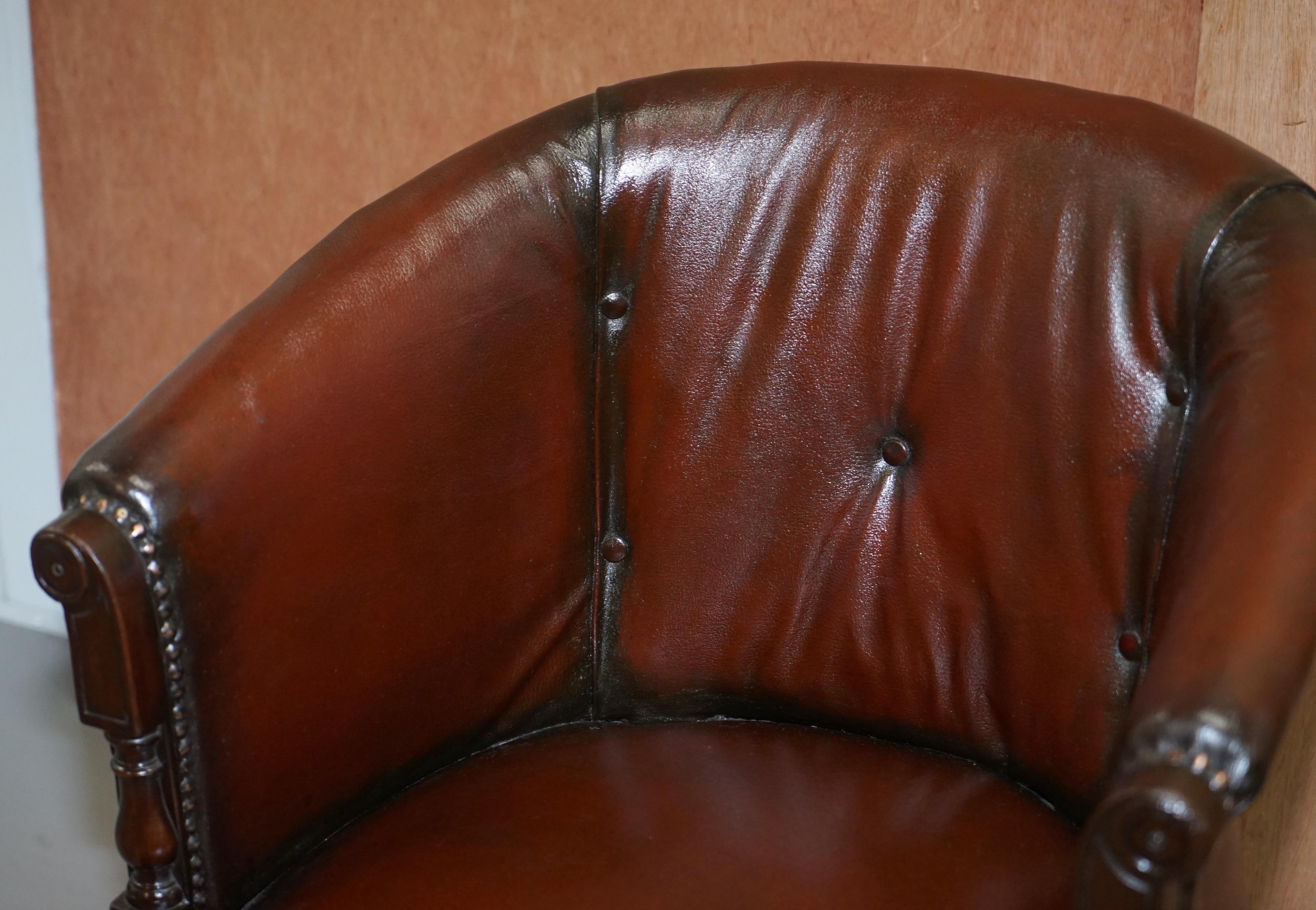 High Victorian Chesterfield circa 1880 Restored Brown Leather Barrel Back Captains Chair