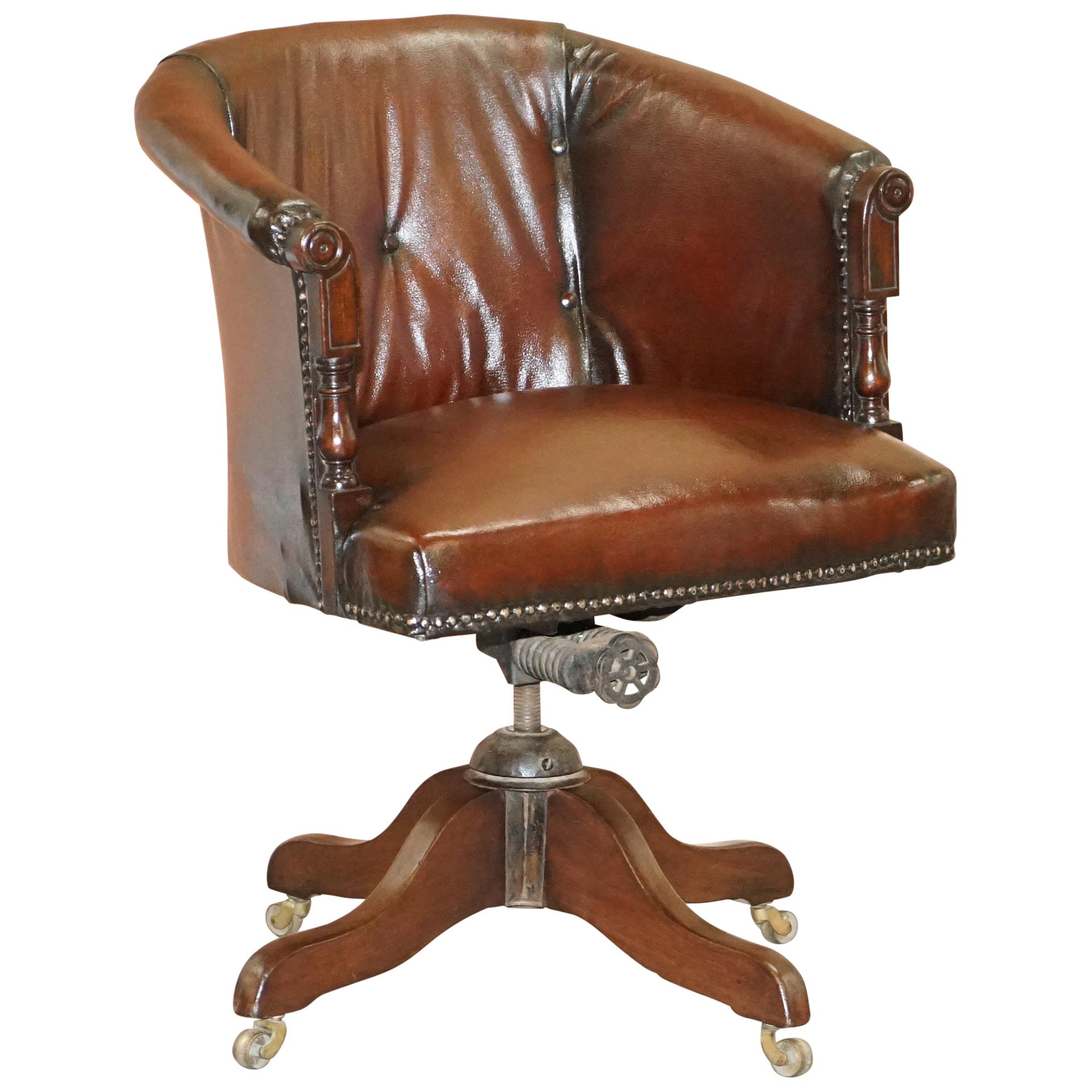 Chesterfield circa 1880 Restored Brown Leather Barrel Back Captains Chair