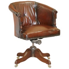 Chesterfield circa 1880 Restored Brown Leather Barrel Back Captains Chair
