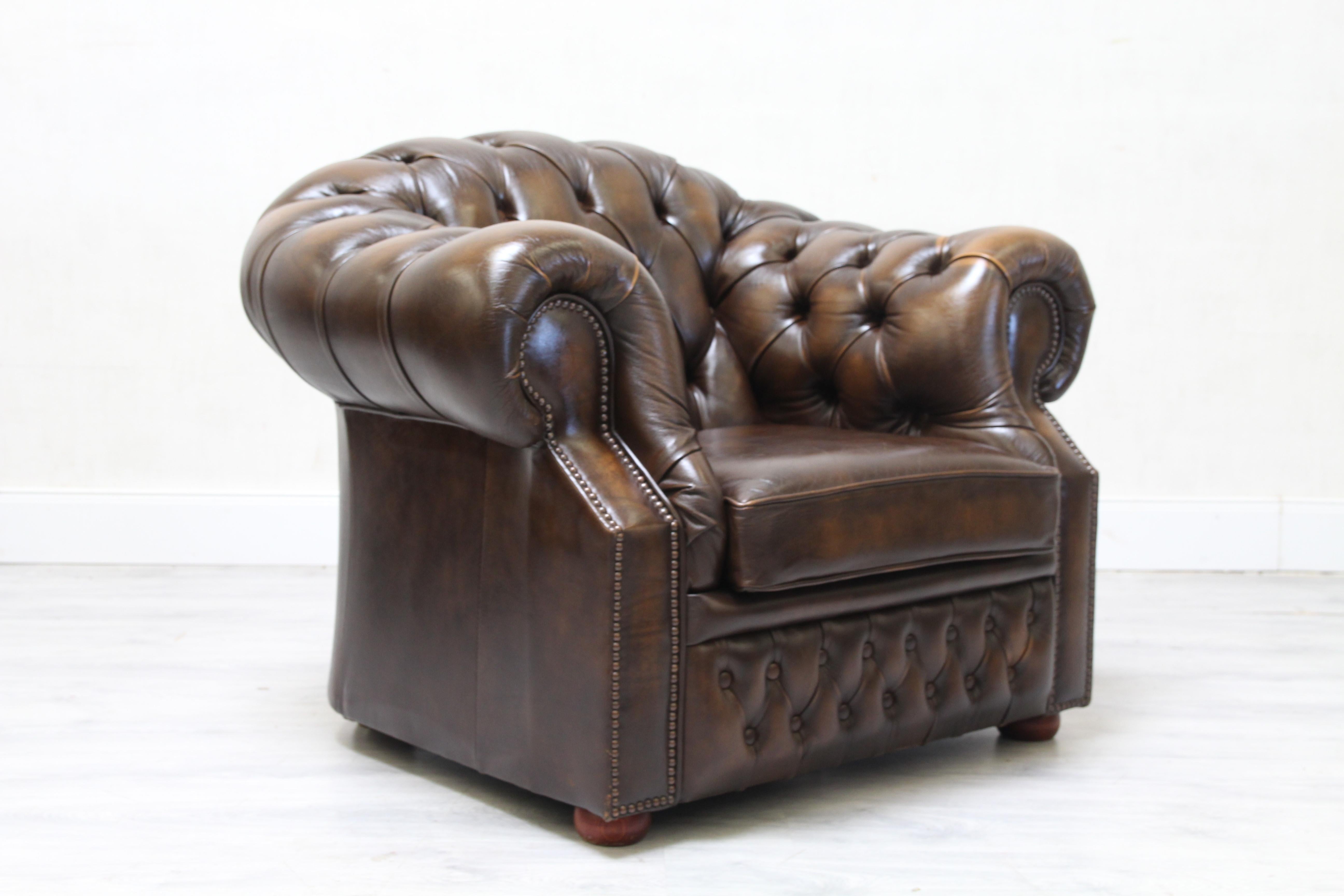 Late 20th Century Chesterfield Armchair Leather Antique Wing Chair Recliner Armchair For Sale