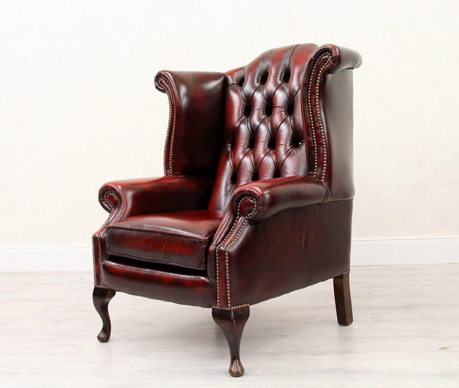 Late 20th Century Chesterfield Armchair Leather Antique Wing Chair Recliner Armchair For Sale