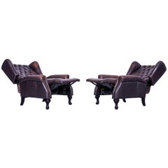Chesterfield Armchair Set Mocca Brown Leather Buttoned Recliner Function Vintage