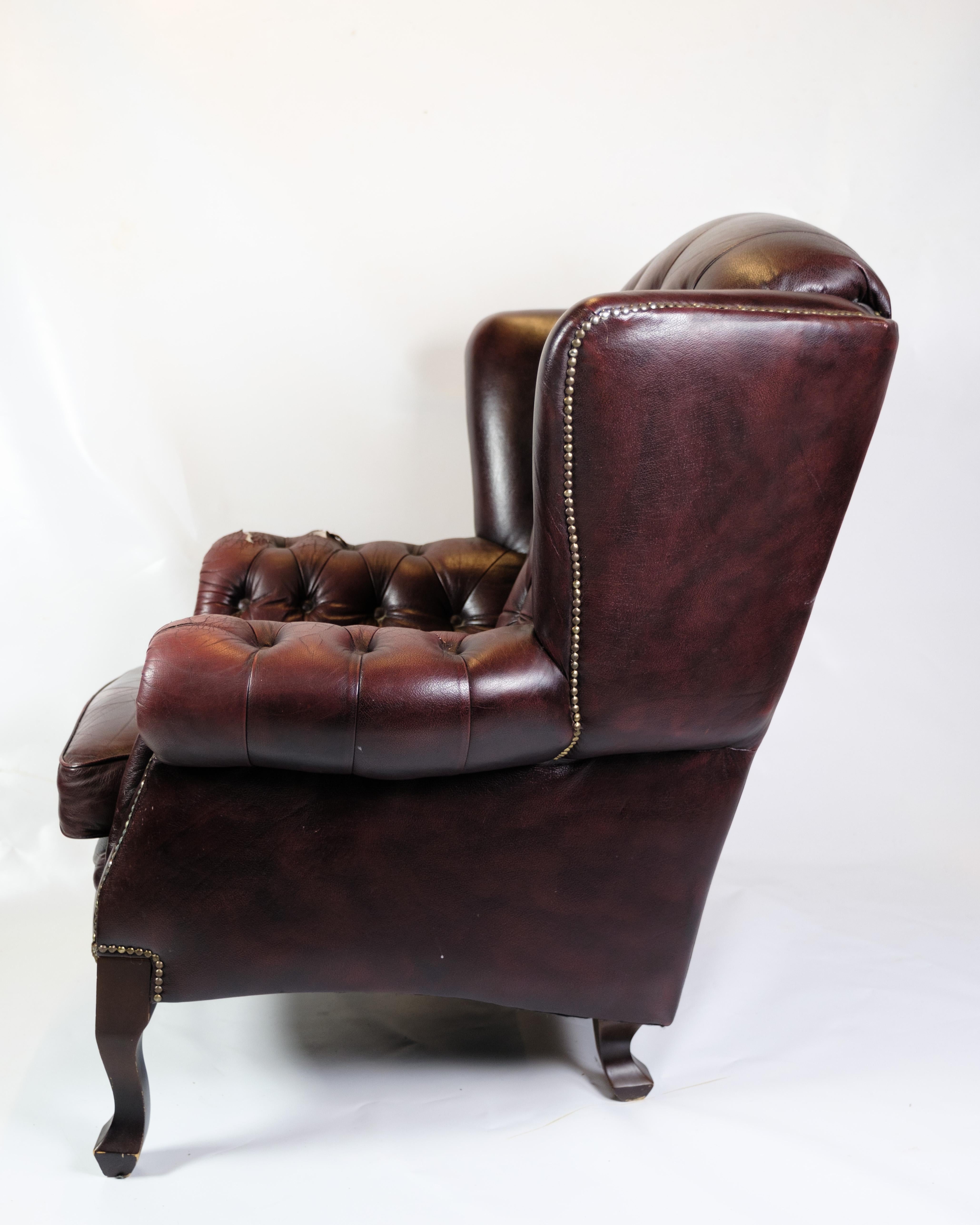 Chesterfield Armchair With Footstool Made In Red Leather From 1920s For Sale 6
