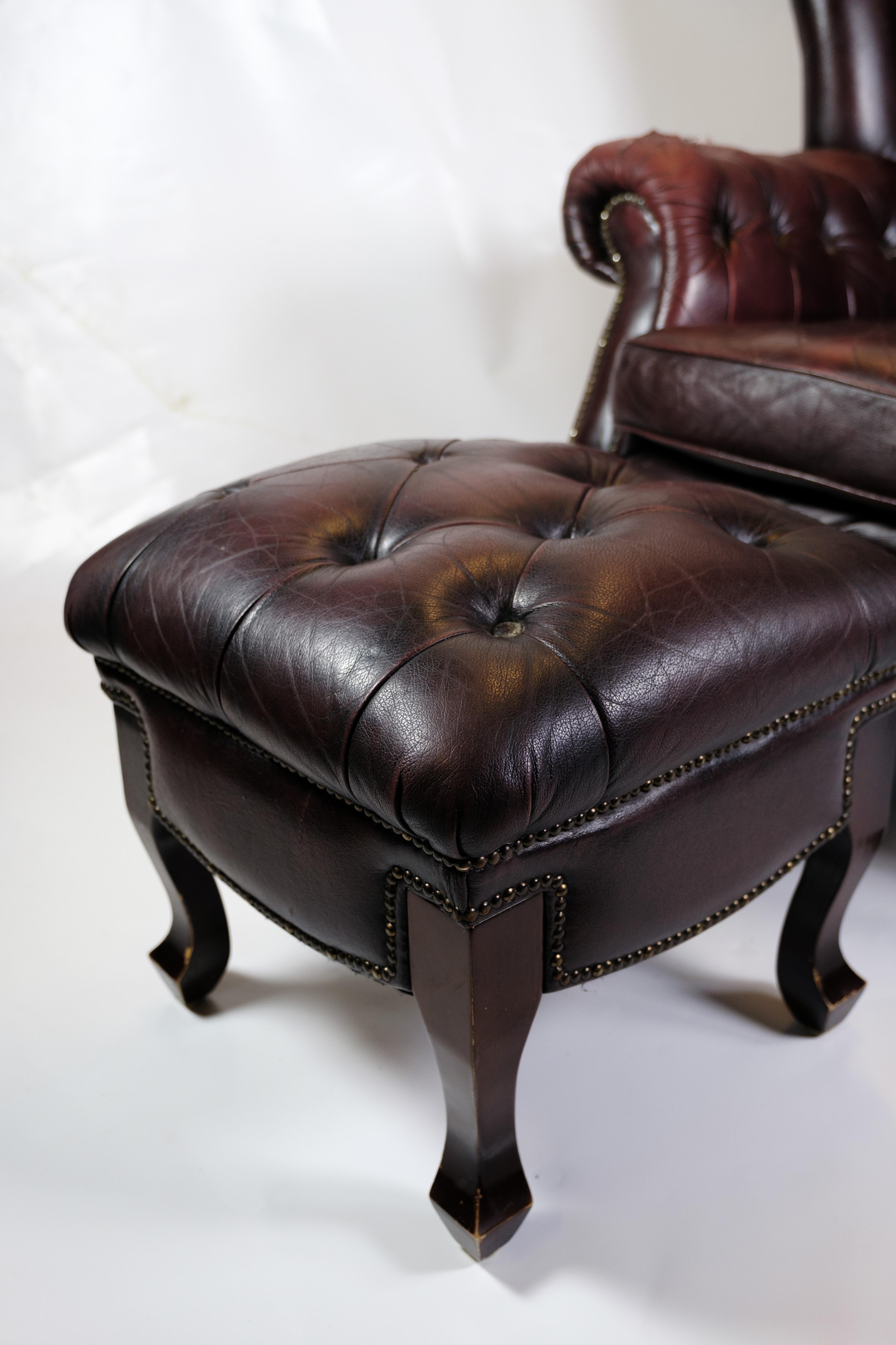 Chesterfield Armchair With Footstool Made In Red Leather From 1920s For Sale 1