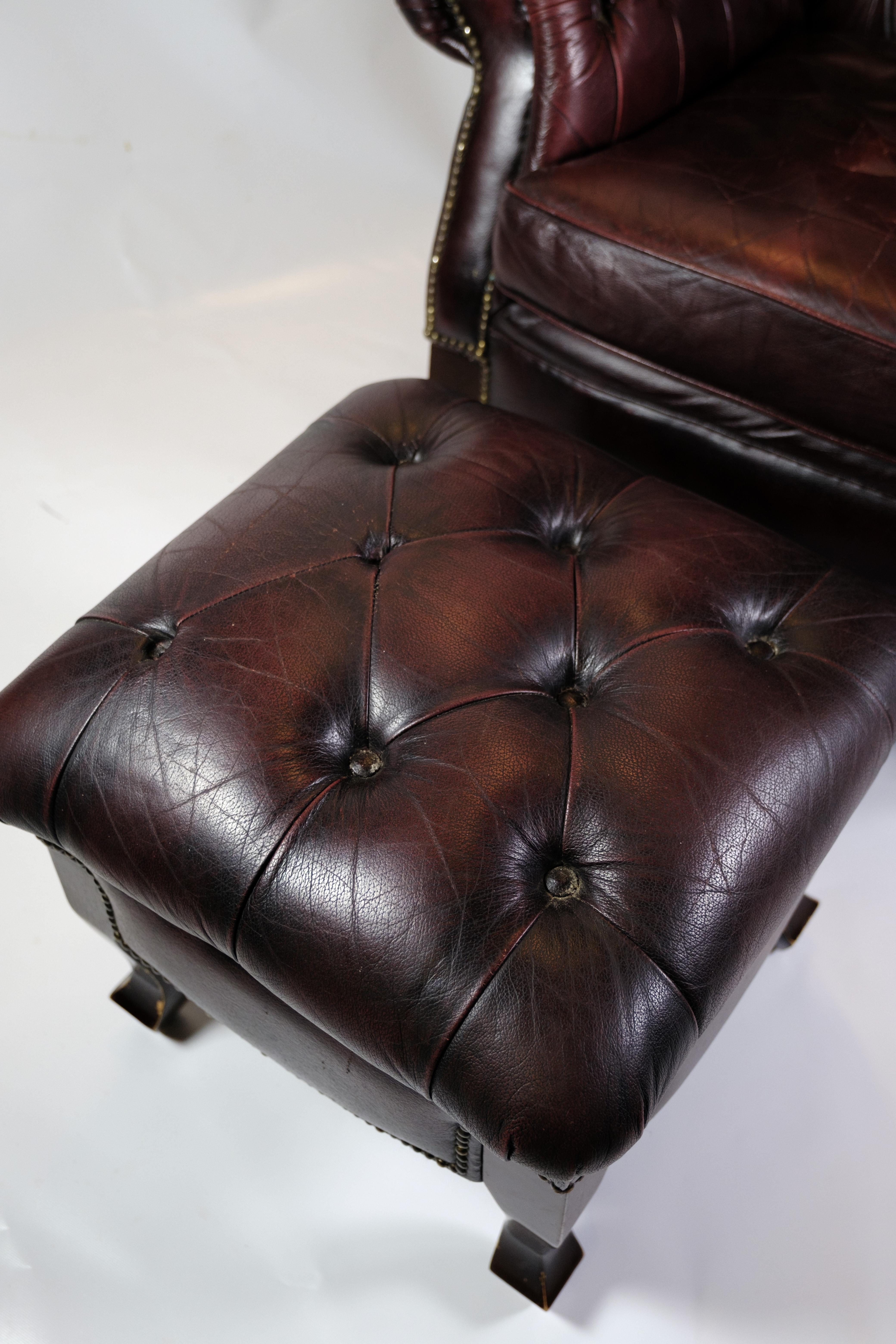 Chesterfield Armchair With Footstool Made In Red Leather From 1920s For Sale 2