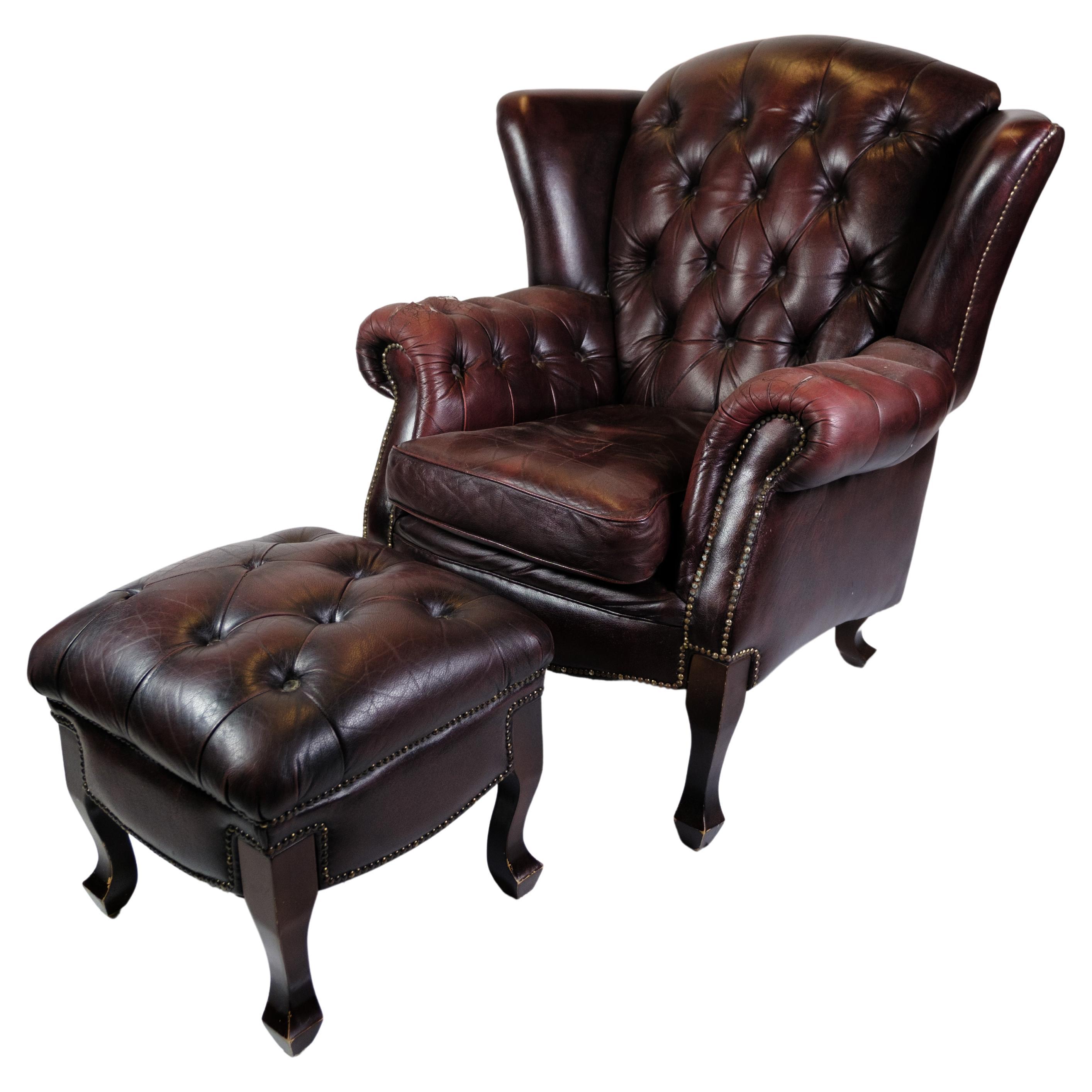 Chesterfield Armchair With Footstool Made In Red Leather From 1920s For Sale