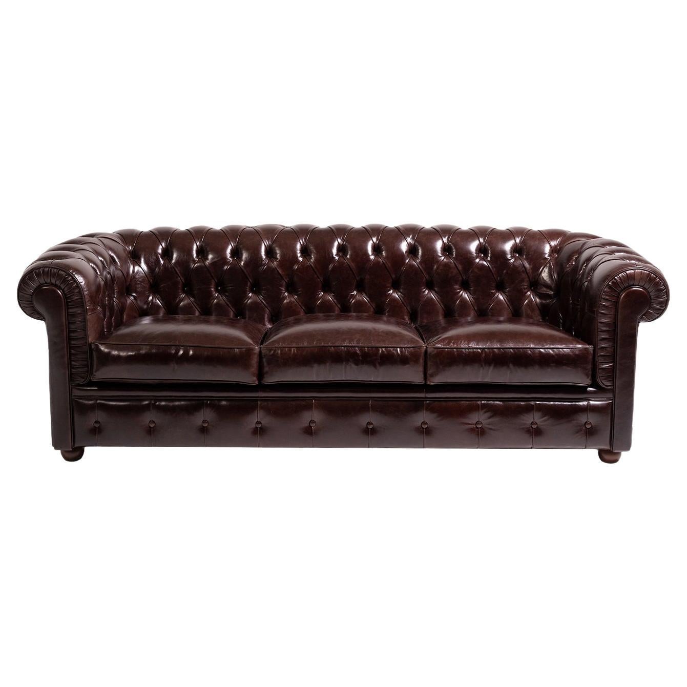 Chesterfield Brown Leather 3-Seater Sofa