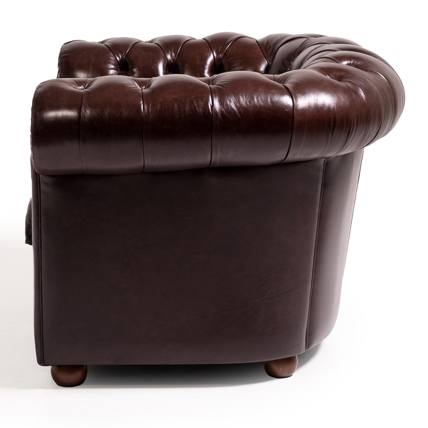 Modern Chesterfield Brown Leather Armchair For Sale