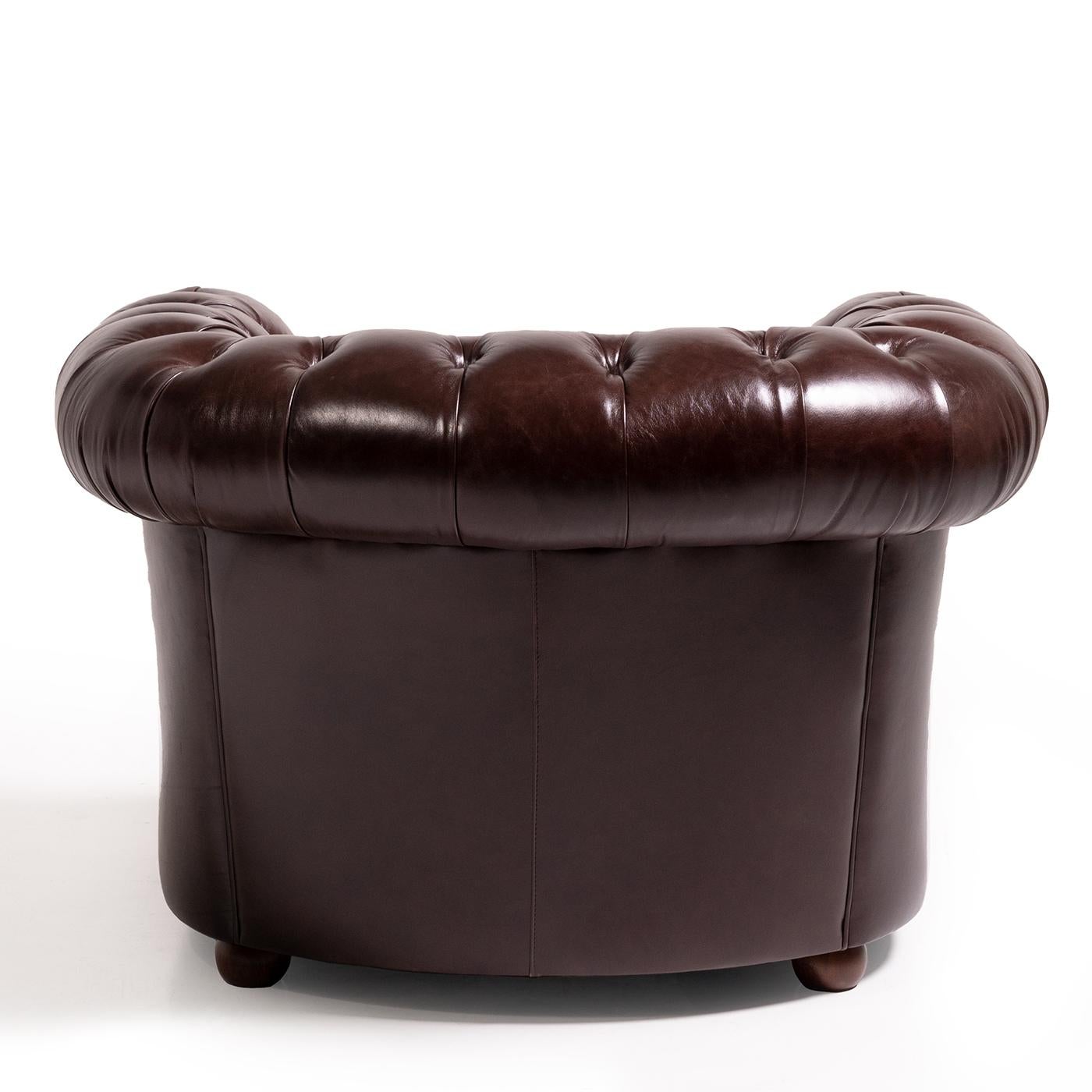 Italian Chesterfield Brown Leather Armchair For Sale
