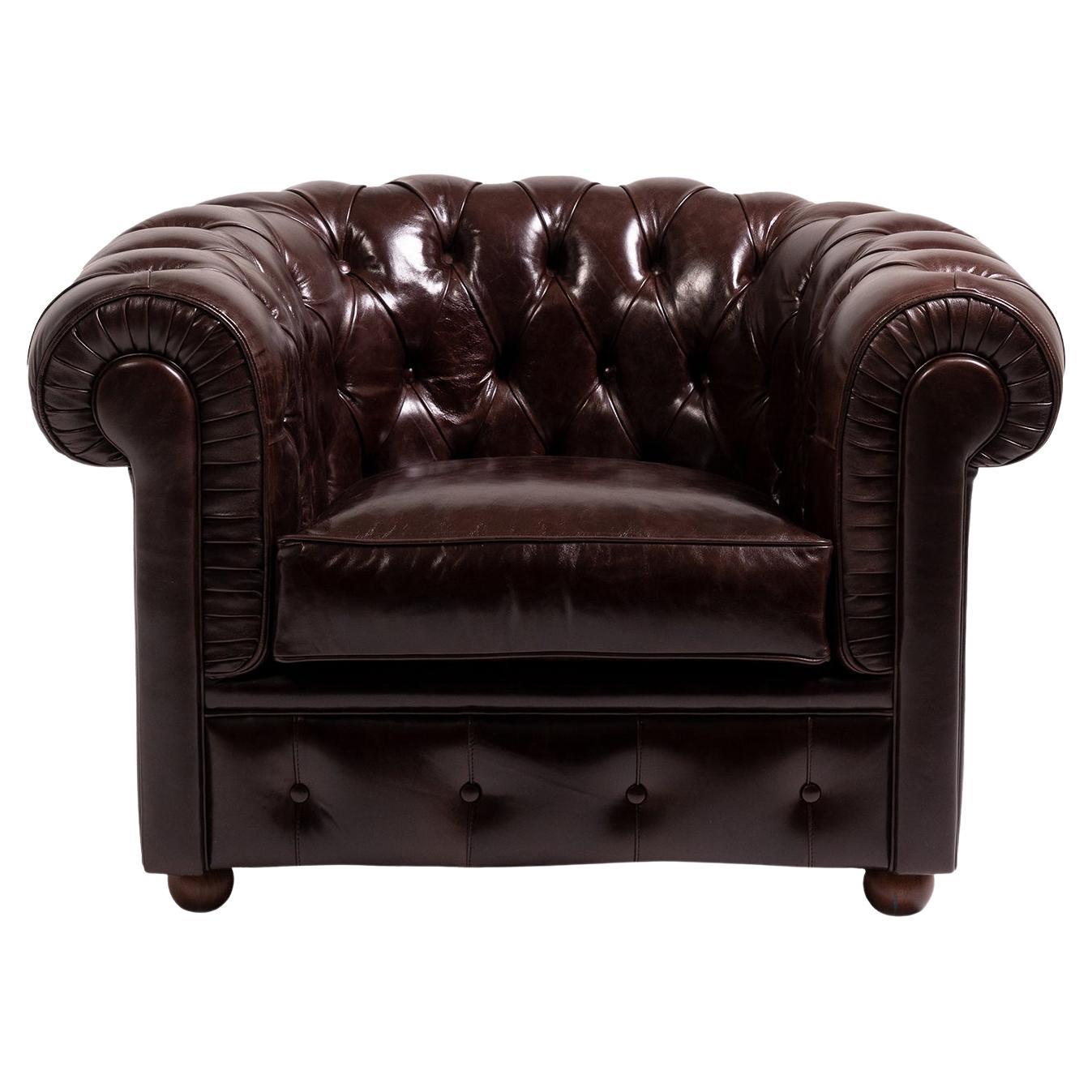 Chesterfield Brown Leather Armchair For Sale
