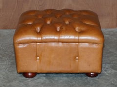 Pouf quadrato Chesterfield in pelle marrone con inserti in pelle Vintage Biker Tan
