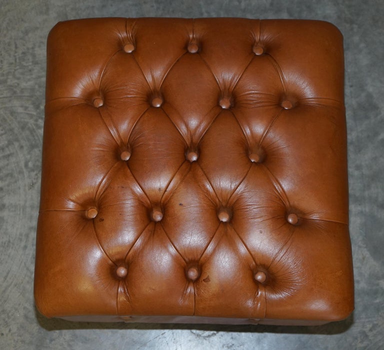 English Chesterfield Brown Leather Tufted Square Footstool Vintage Biker Tan Leather For Sale
