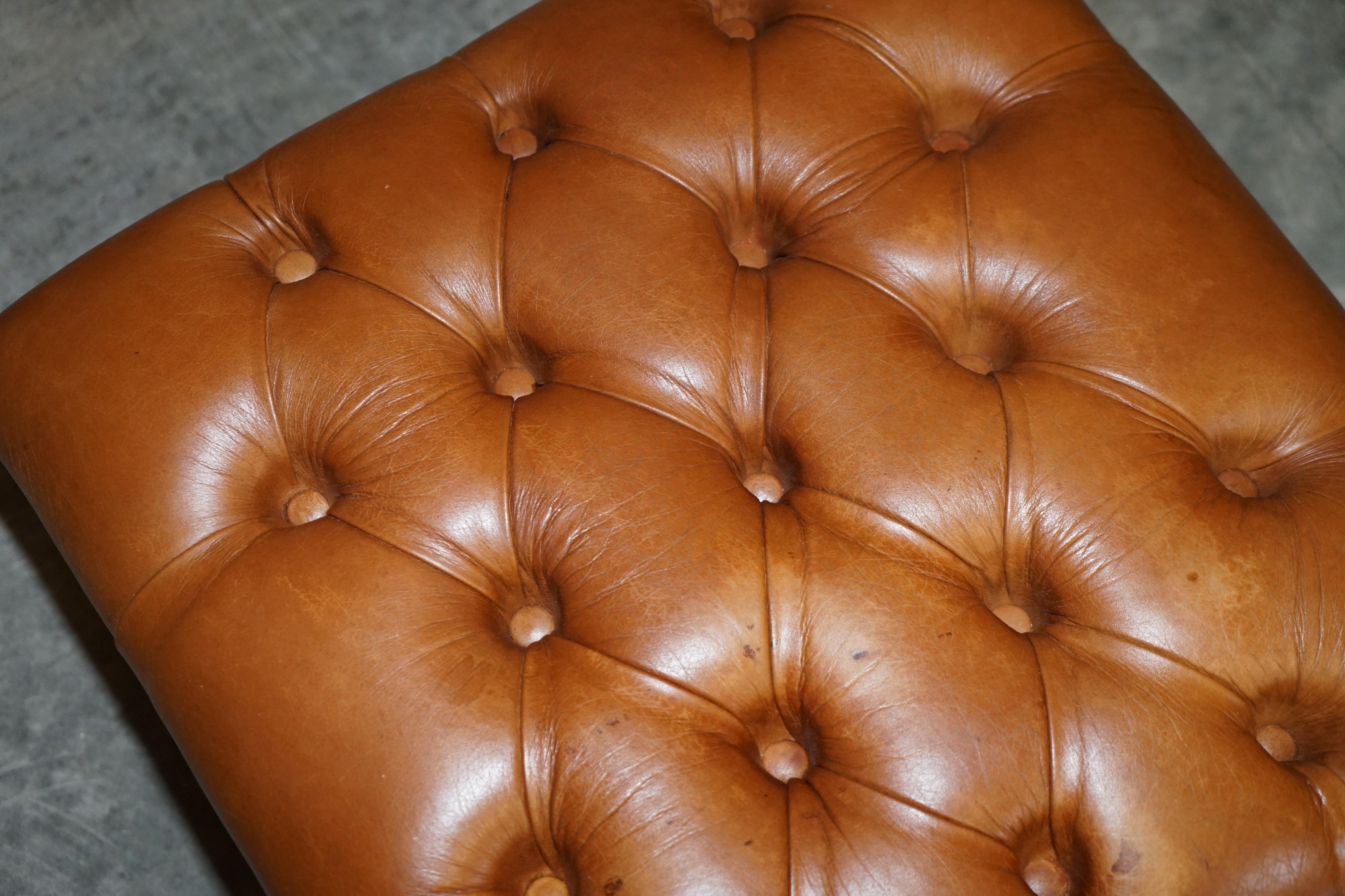 English Chesterfield Brown Leather Tufted Square Footstool Vintage Biker Tan Leather For Sale