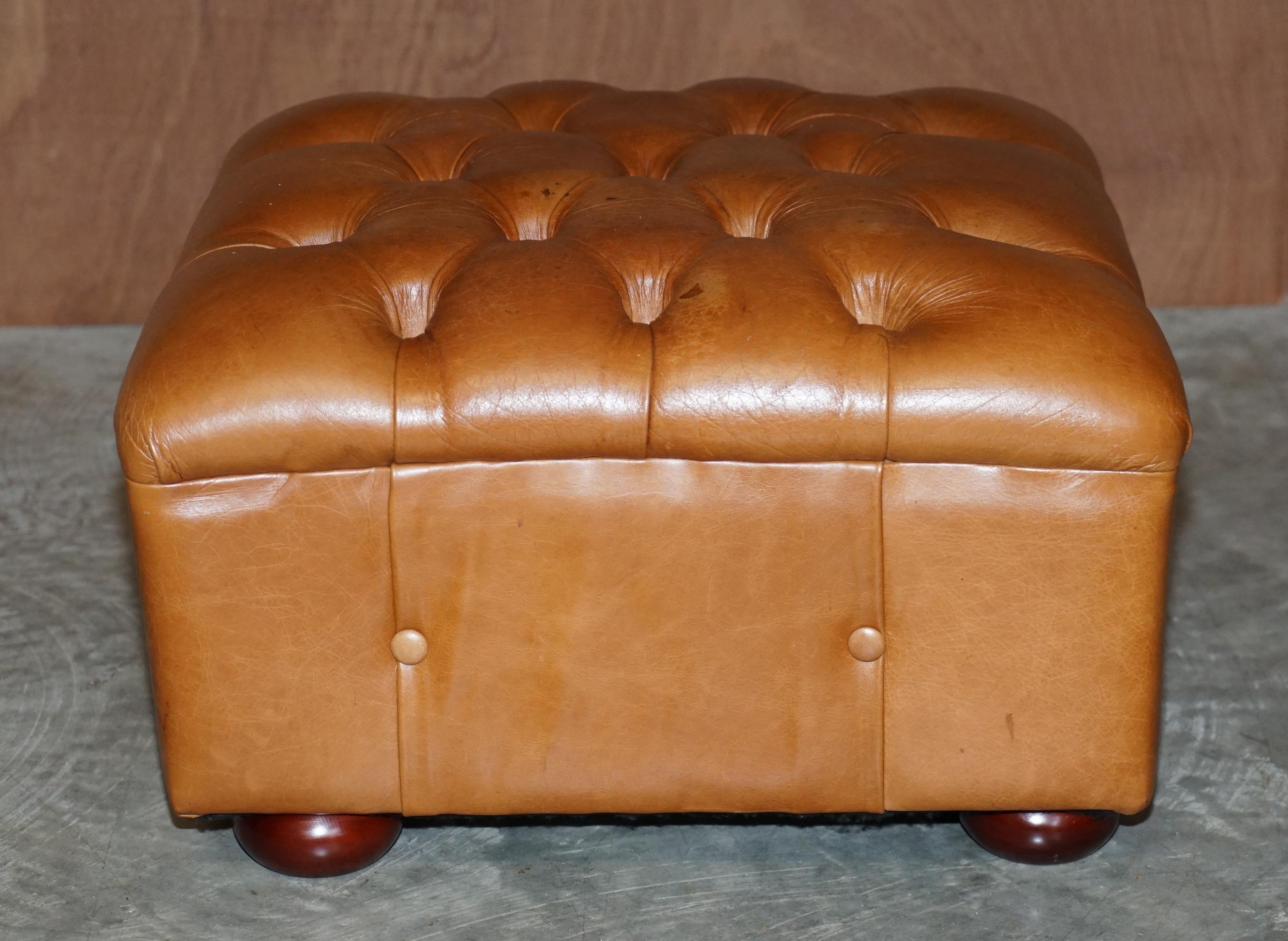 20th Century Chesterfield Brown Leather Tufted Square Footstool Vintage Biker Tan Leather For Sale