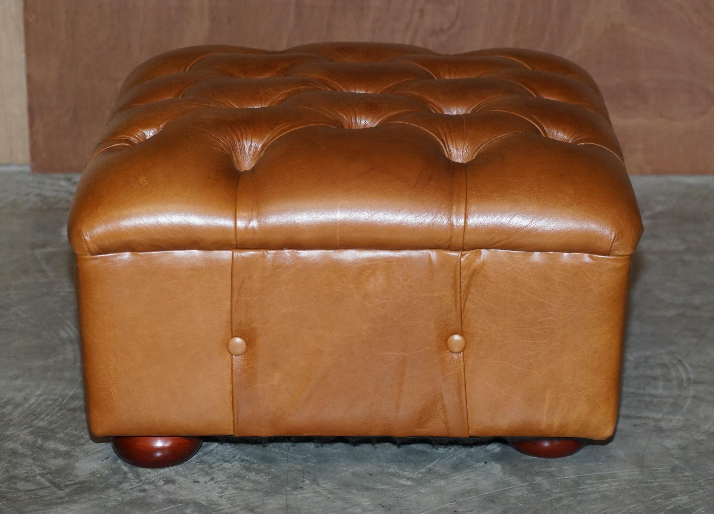 Chesterfield Brown Leather Tufted Square Footstool Vintage Biker Tan Leather For Sale 1
