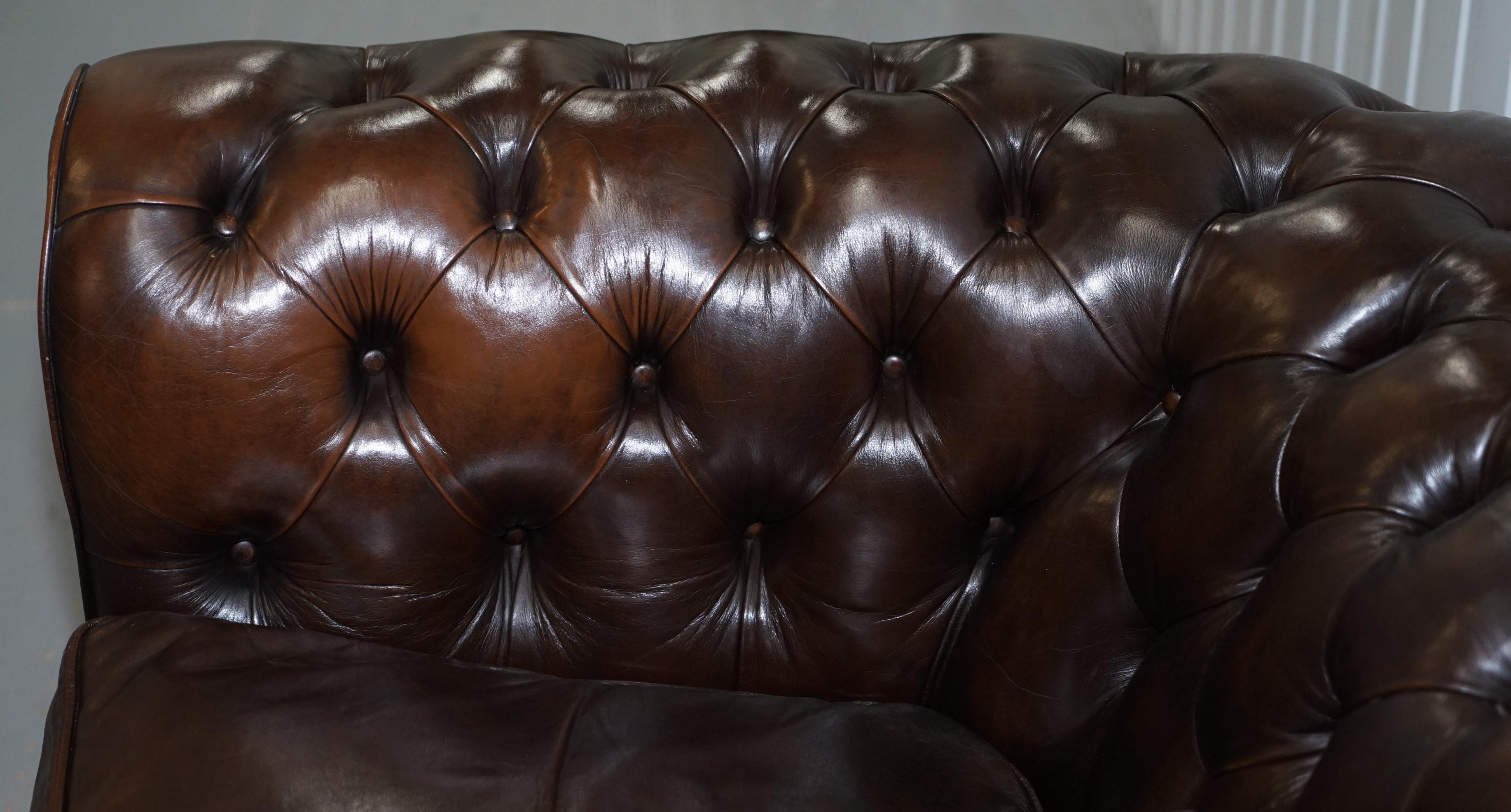 Chesterfield Brown Leather Two-Seat Sofa Coil Sprung Feather Filled Cushions  2