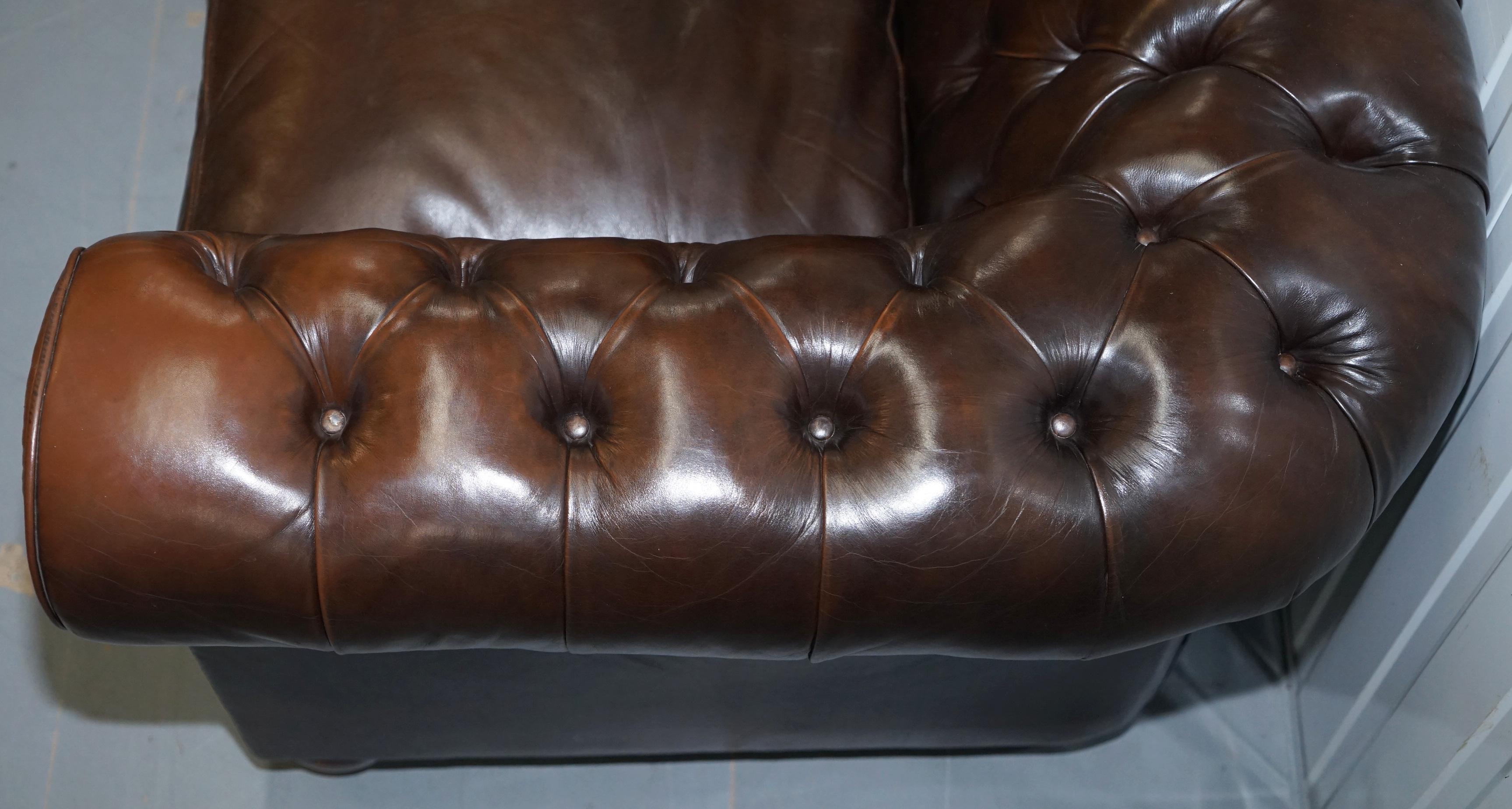 Chesterfield Brown Leather Two-Seat Sofa Coil Sprung Feather Filled Cushions  3