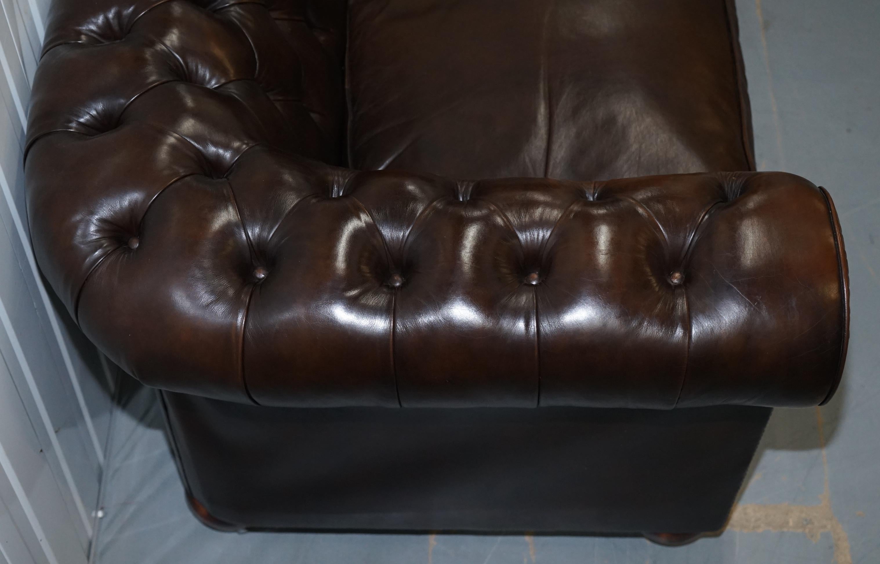 Chesterfield Brown Leather Two-Seat Sofa Coil Sprung Feather Filled Cushions  4