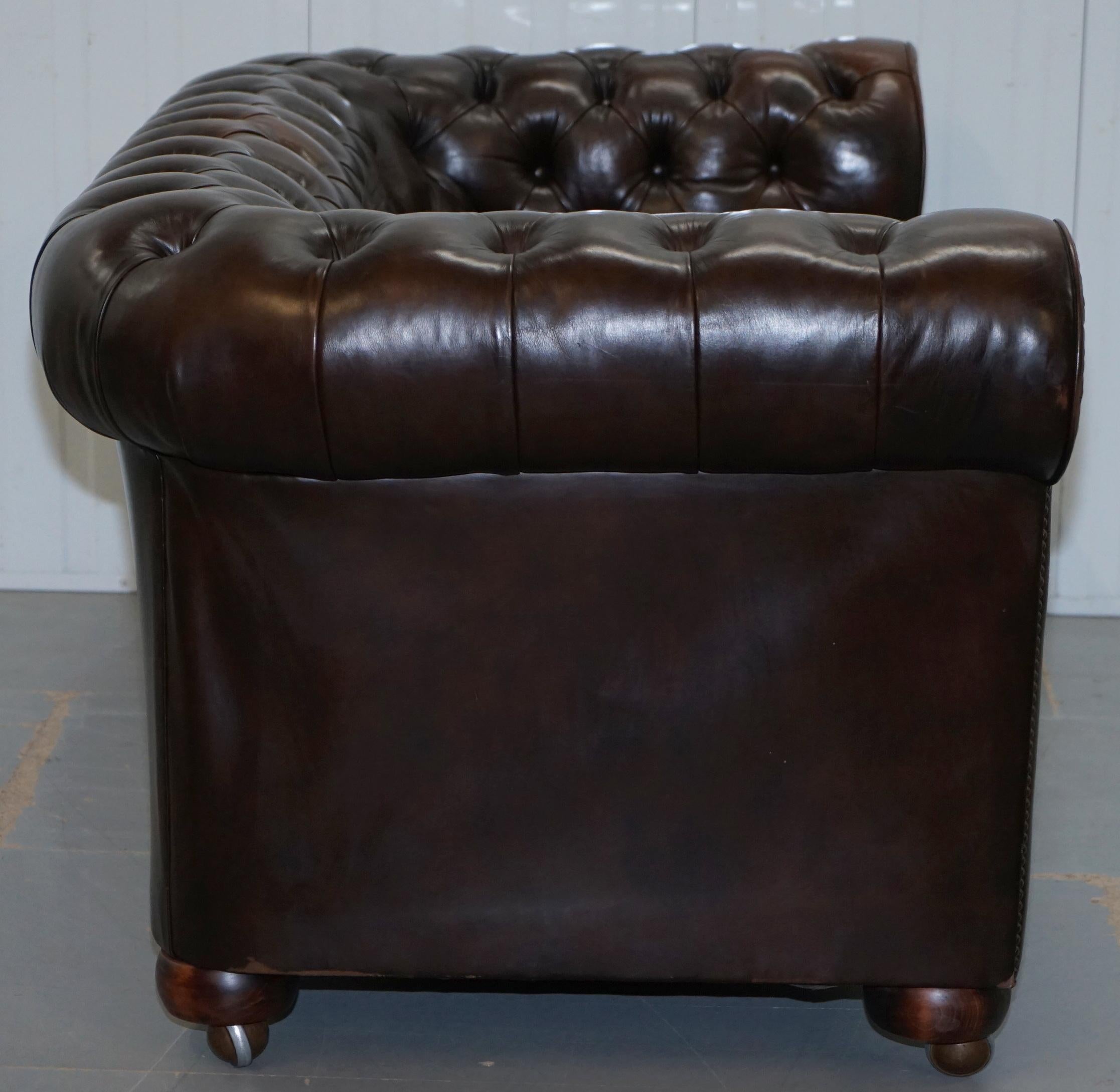 Chesterfield Brown Leather Two-Seat Sofa Coil Sprung Feather Filled Cushions  8