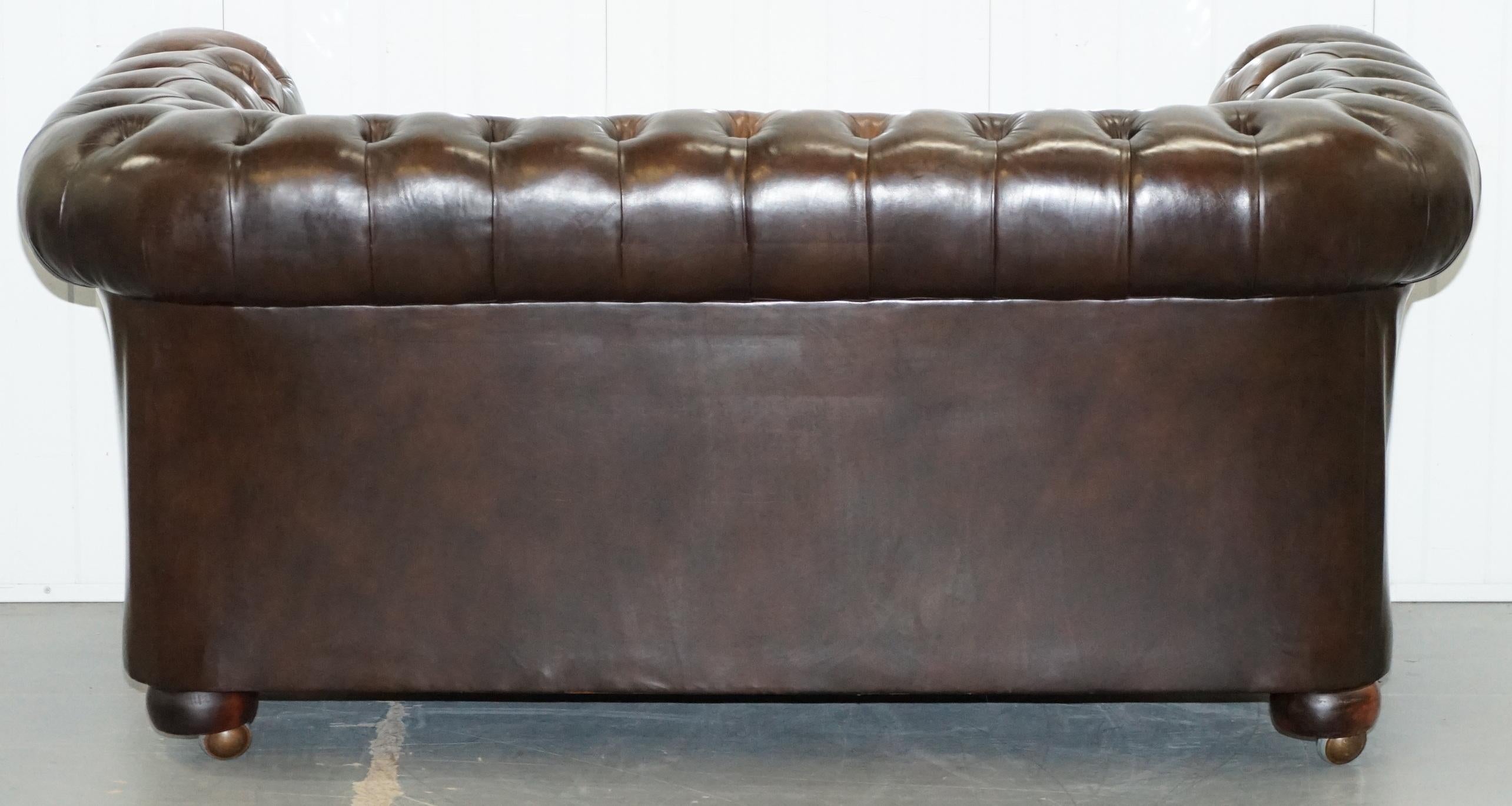 Chesterfield Brown Leather Two-Seat Sofa Coil Sprung Feather Filled Cushions  9