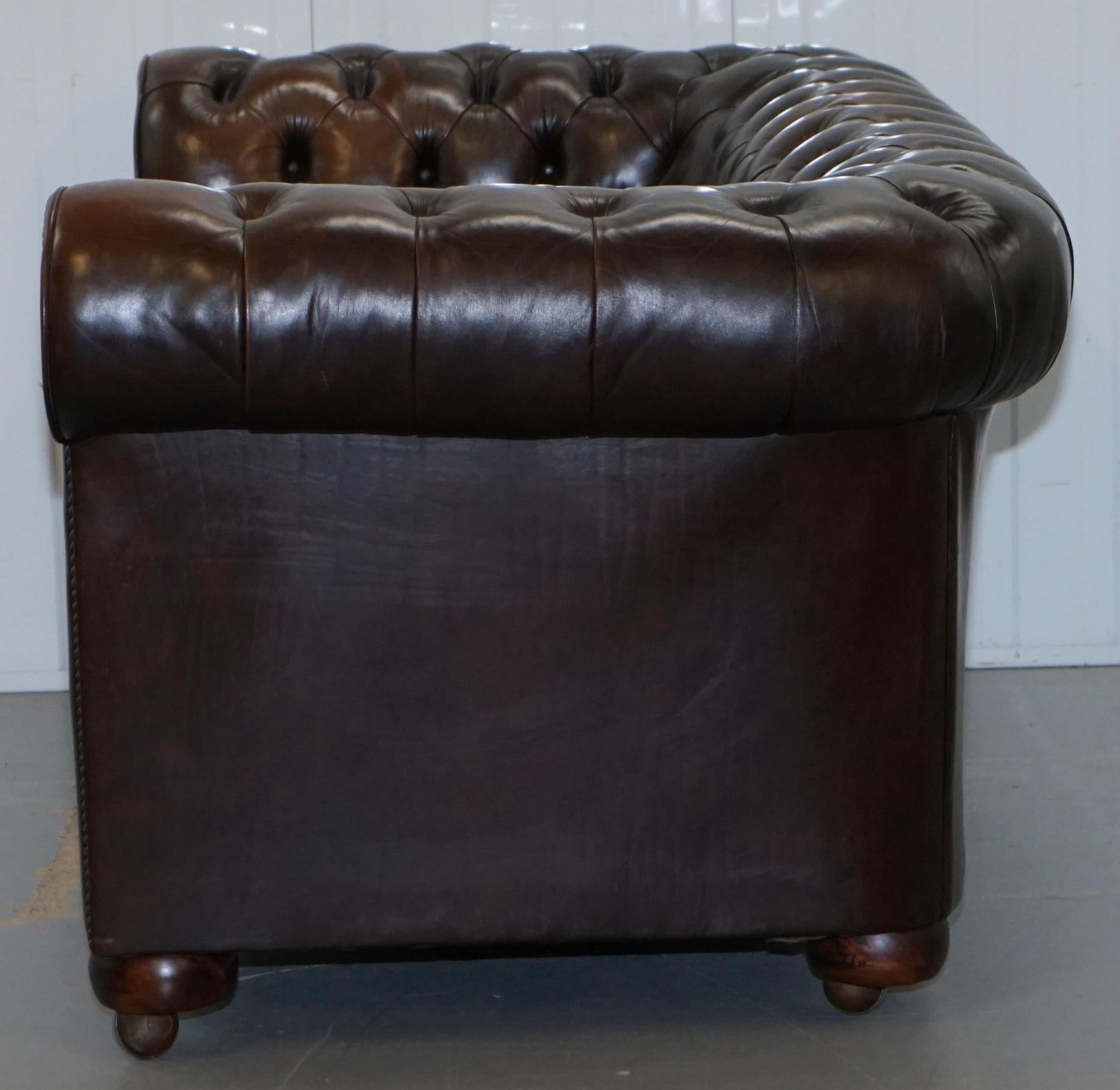 Chesterfield Brown Leather Two-Seat Sofa Coil Sprung Feather Filled Cushions  10