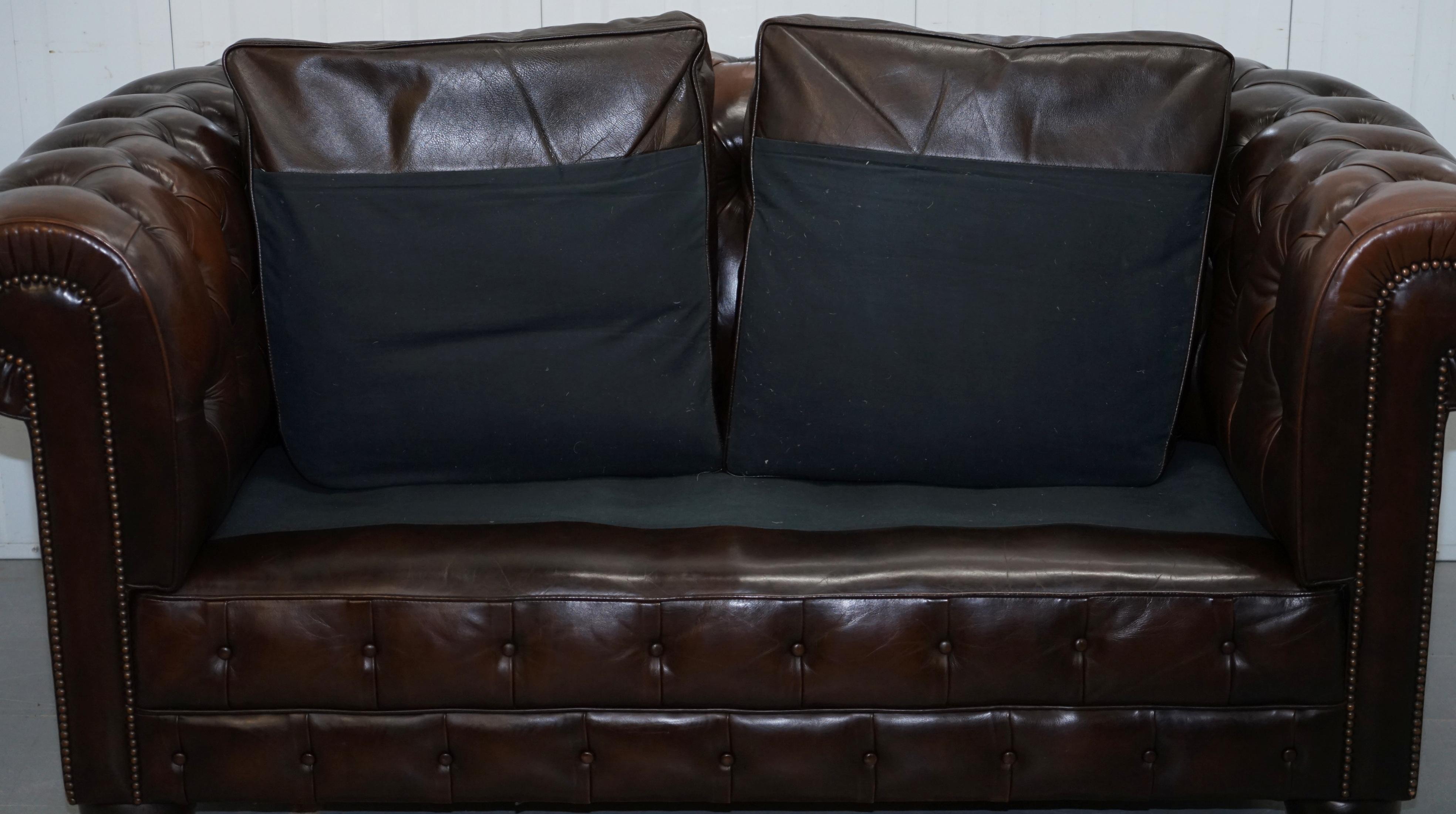 Chesterfield Brown Leather Two-Seat Sofa Coil Sprung Feather Filled Cushions  11